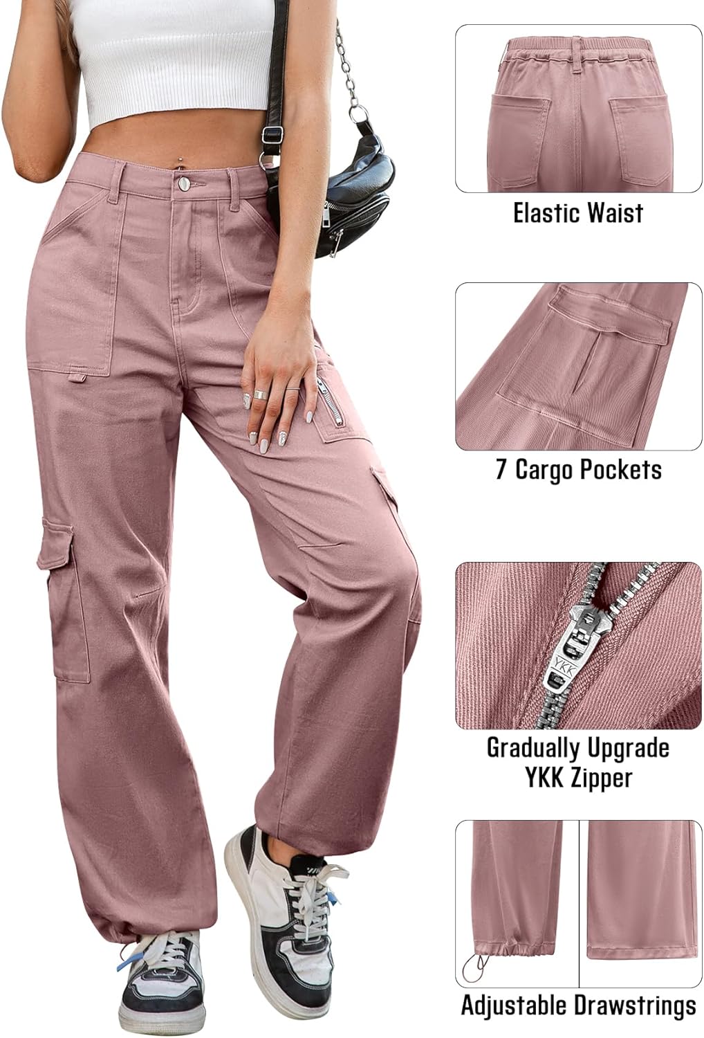 IVIR Cargo Pants Women High Waist Wide Leg Casual Pants with 7 Pockets Stretchy Drawstring Baggy Y2K Trousers