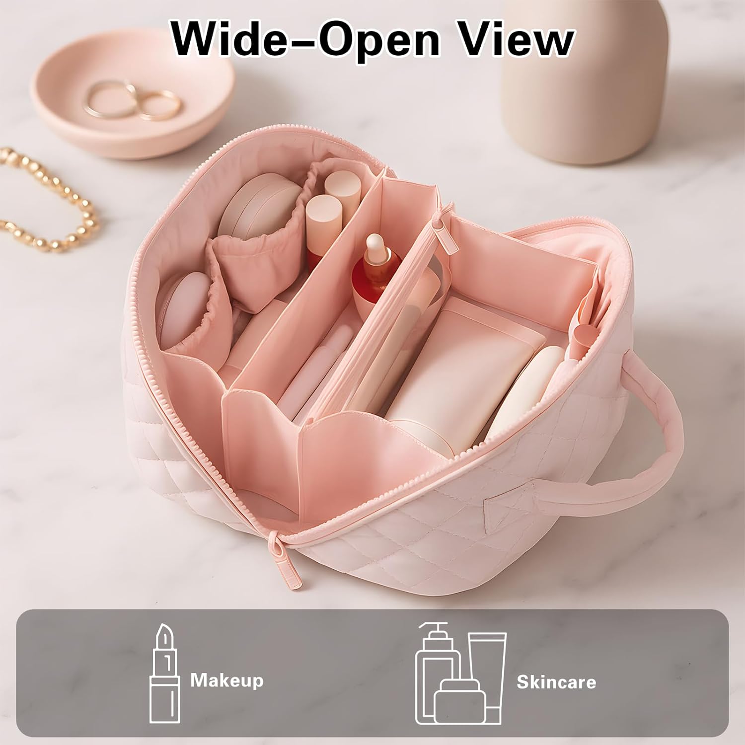 Makeup Bag Travel Toiletry Bag, Puffy Padded Make Up Bags for Women, Waterproof Cosmetic Organizer, Makeup Organizer Wide-open Pouch Purse, Travel Essentials for Toiletries Accessories Storage (Pink) - Image 2