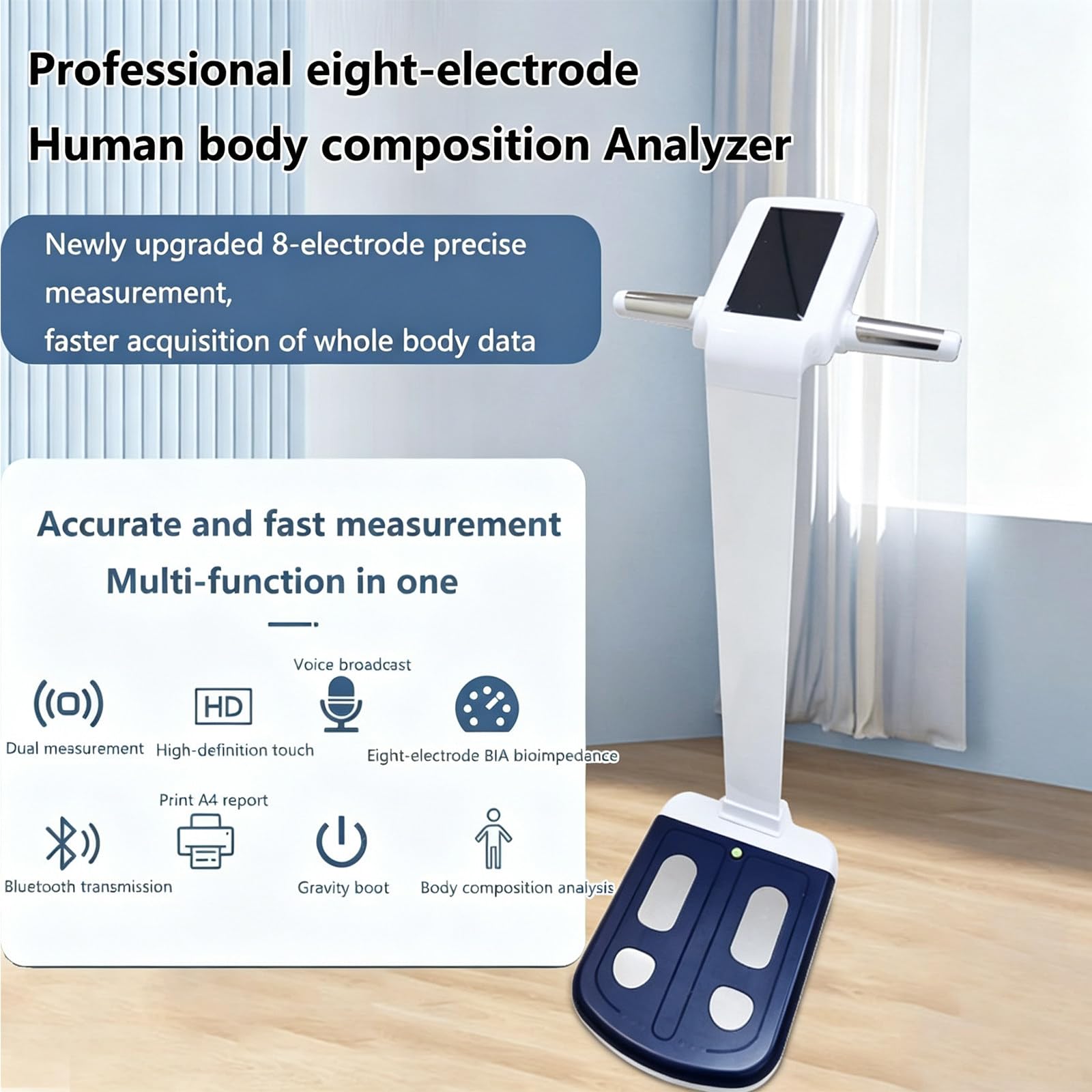 Bioimpedanz-Analysegerät, HD-Touch-Körperzusammensetzungswaage, Höhe Gewicht Fettanteil Körperscanner, menschlicher Testbericht enthalten für Fitness-Studios