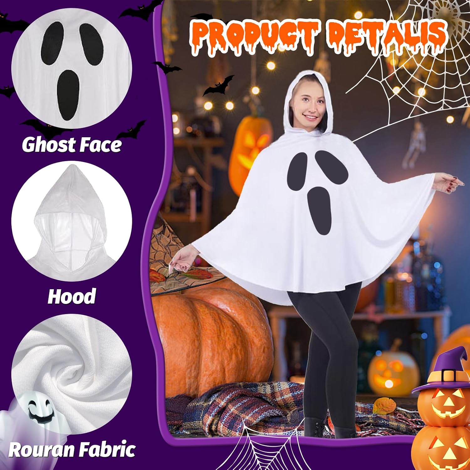 XXLOG Women White Ghost Costume Hooded Cape, Adult Christmas Poncho Cloak, Simple Fun Spooky Party Outfit, Soft Comfortable Fabric, One Size
