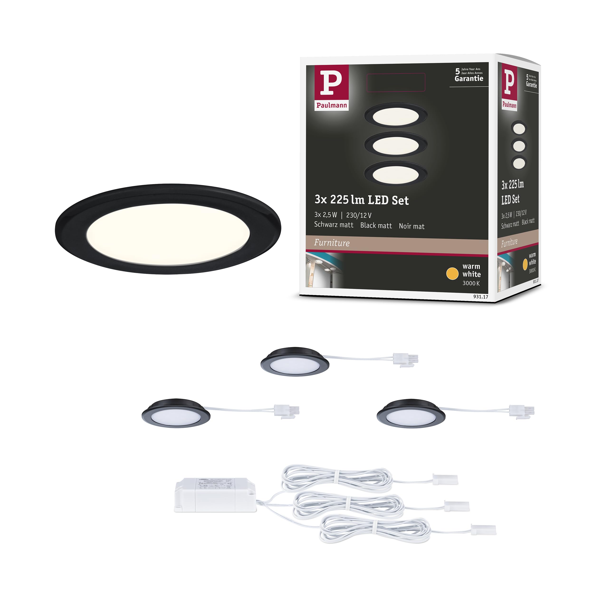 Paulmann Encastrés meubles LED kit 3 65 mm 3x2,5W 3x180lm 230/12V 3000 K Noir mat