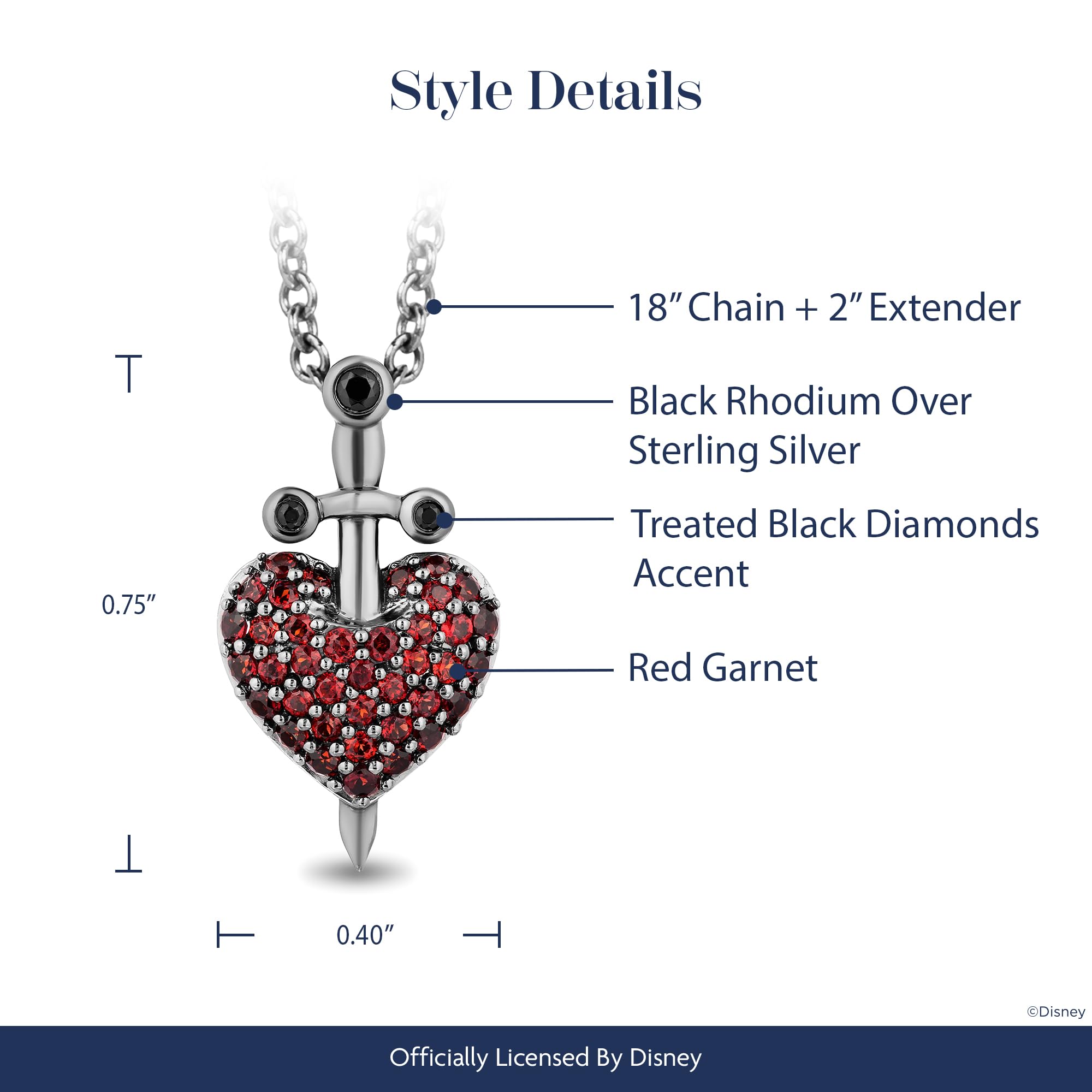 Jewelili Enchanted Disney Fine Jewelry Black Rhodium over Sterling Silver 1.5 MM Round Garnet and Treated Black Round Diamond Accent Evil Queen Pendant Necklace 18" Cable Chain
