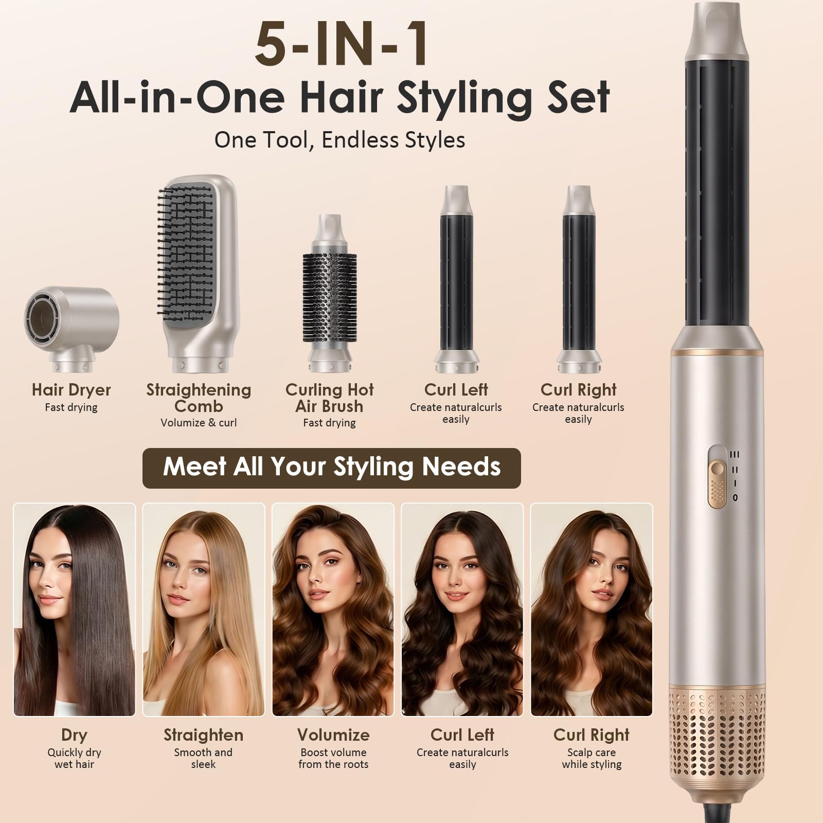 Asciugacapelli 5 in 1, Spazzola Asciugacapelli Multifunzione, Hair Styler set 1000W, Airbrush Air Styler, Spazzola Ad Aria Calda, Phon Capelli Per Asciugatura, Volume, Ricci
