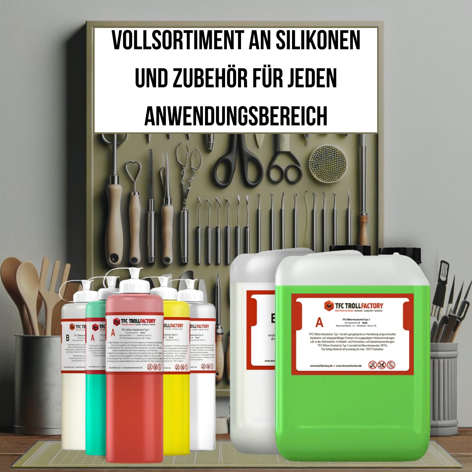 TFC kauczuk silikonowy typ 2, 1:1 NV, średnio twardy – bardzo elastyczny, wierny w szczegółach silikon do formowania, jasnozielony/biały, odporny na temperaturę do 150°C