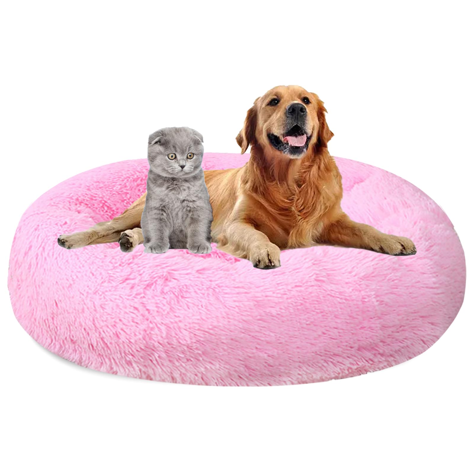 MAIFENGL Calming Dog Bed Plush Donut Pet Bed, Fluffy Washable Non-Slip Plush Cuddler Warming Round Dog Cat Bed- Bright Pink|| Ø120cm/47in