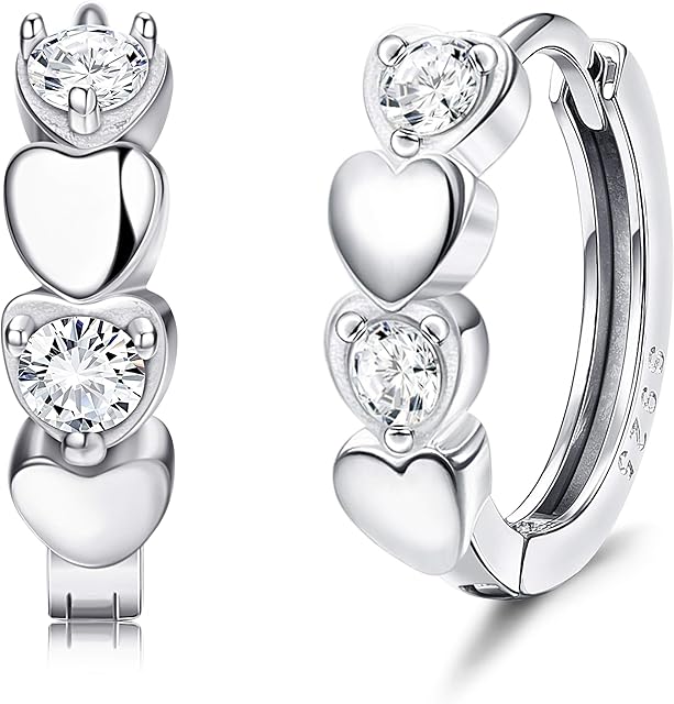 Sllaiss 925 Sterling Silver Tiny Hoop Earrings Love Heart Earrings for Women Cubic Zirconia Huggie Hoop Earrings White Gold Plated Sleeper Small Hoop Earrings