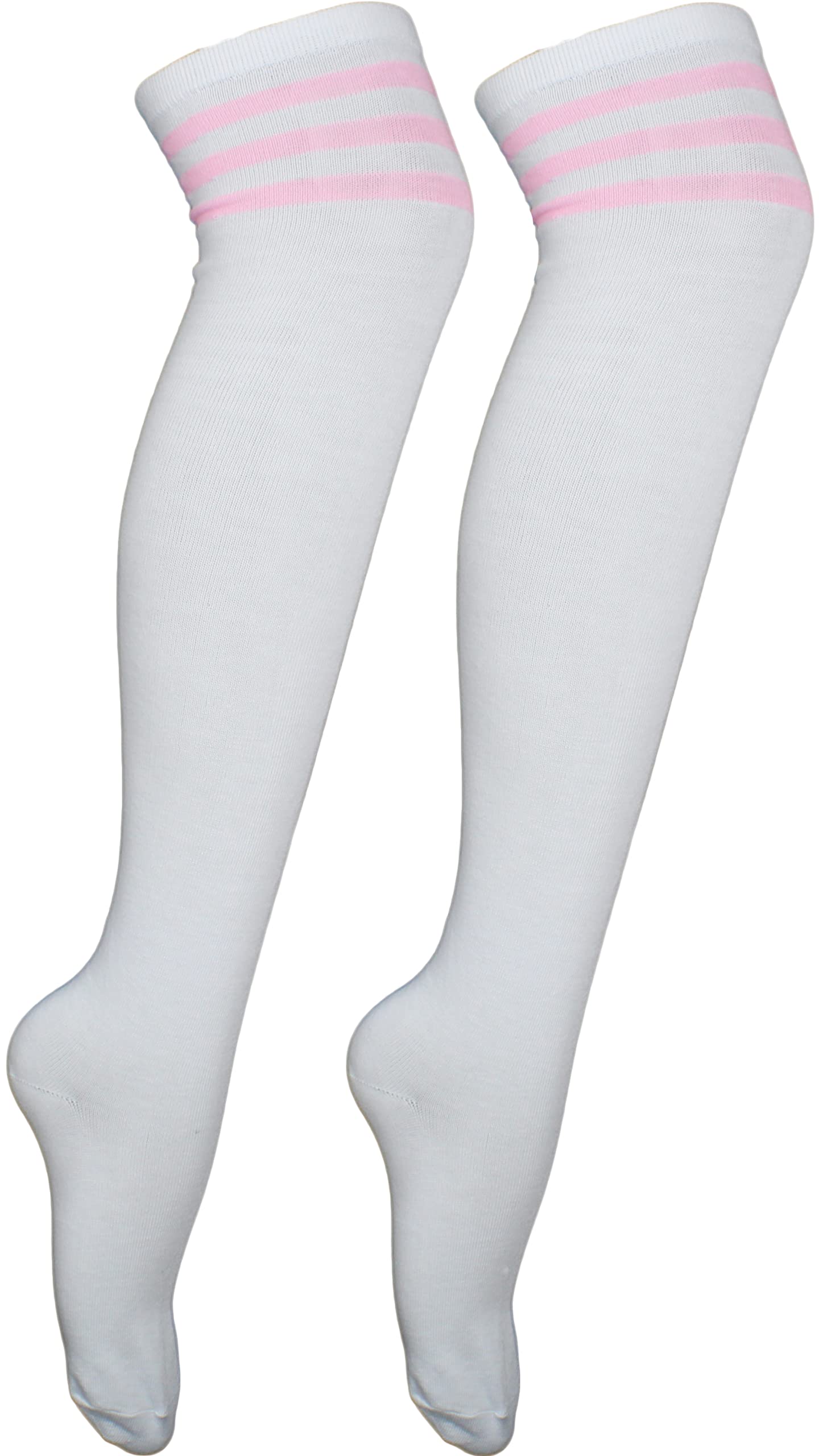 Cherry-On-Top Women's White/Pink Stripe Knee Thigh High Sock Cheerleader Pub Golf Fancy Dress Stripe Socks
