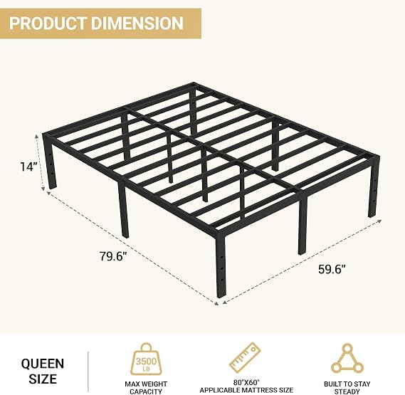 14 Queen Bed Frame Sturdy Metal Platform for More Storage No Box Spring