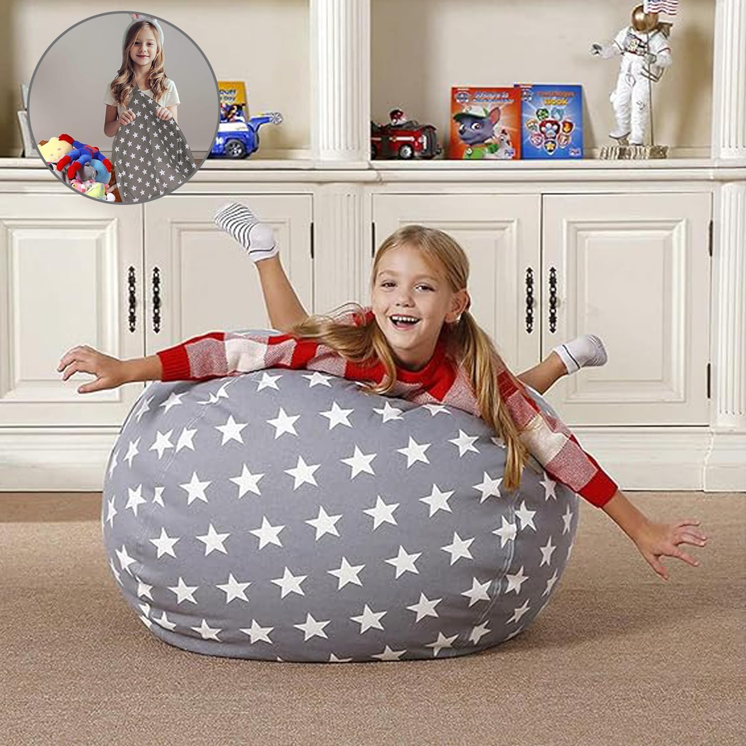 Bolsa Almacenamiento Juguetes Felpa, Lona Bolsa De Frijoles Rellenable, Niños Beanbag Sofá Con Cremallera, Puffs Plegable Para Niños, Puf de Peluche, para Organizar Juguetes, Ropa (24 Pulgadas) (24)