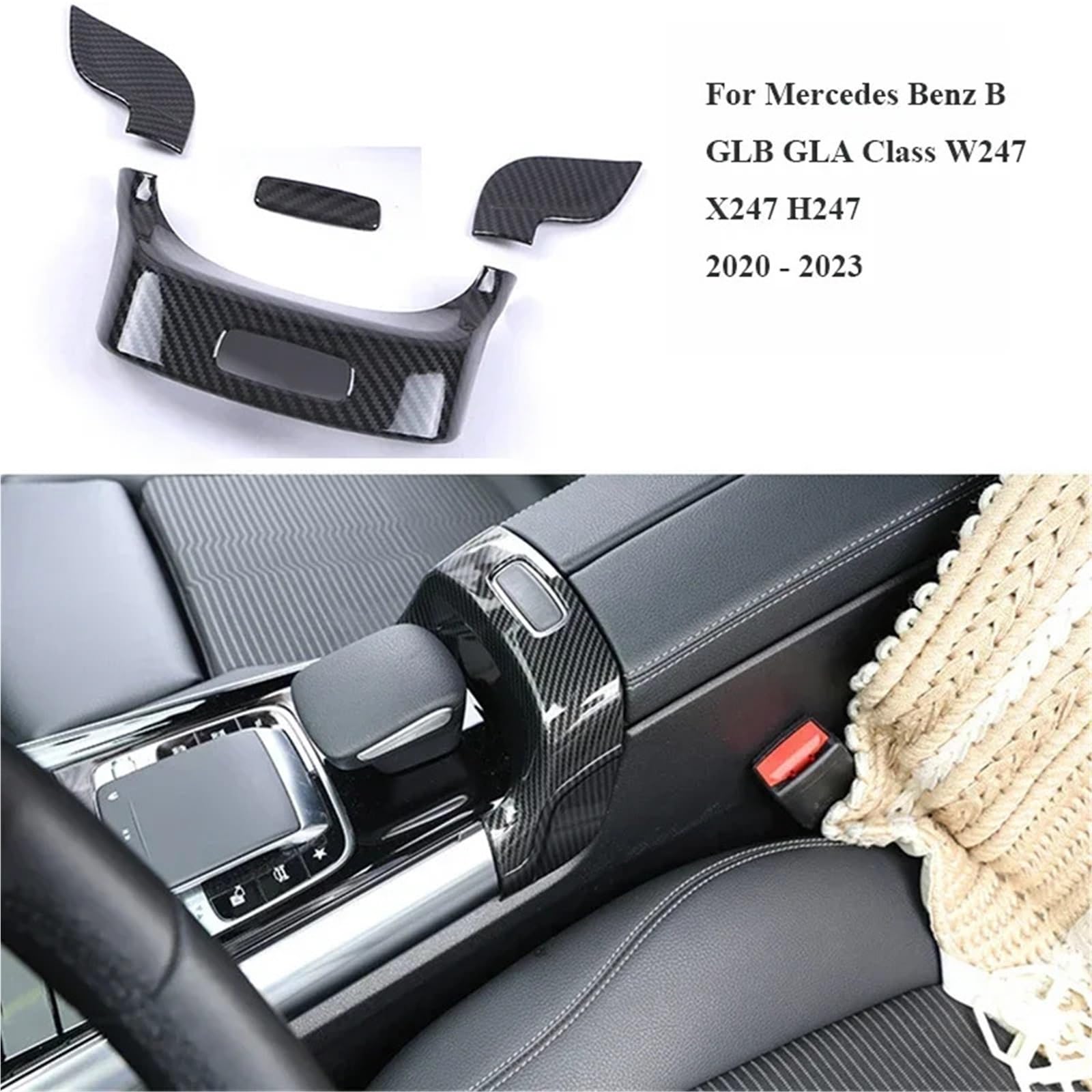 Folia na panel‌ Okleina skrzynia biegów‌ Pasuje do Mercedes Benz B GLB GLA Klasa W247 X247 H247 2020-2023 Konsola środkowa samochodu Podłokietnik Panel przełączników Pokrywa(Carbon Fiber Pattern)