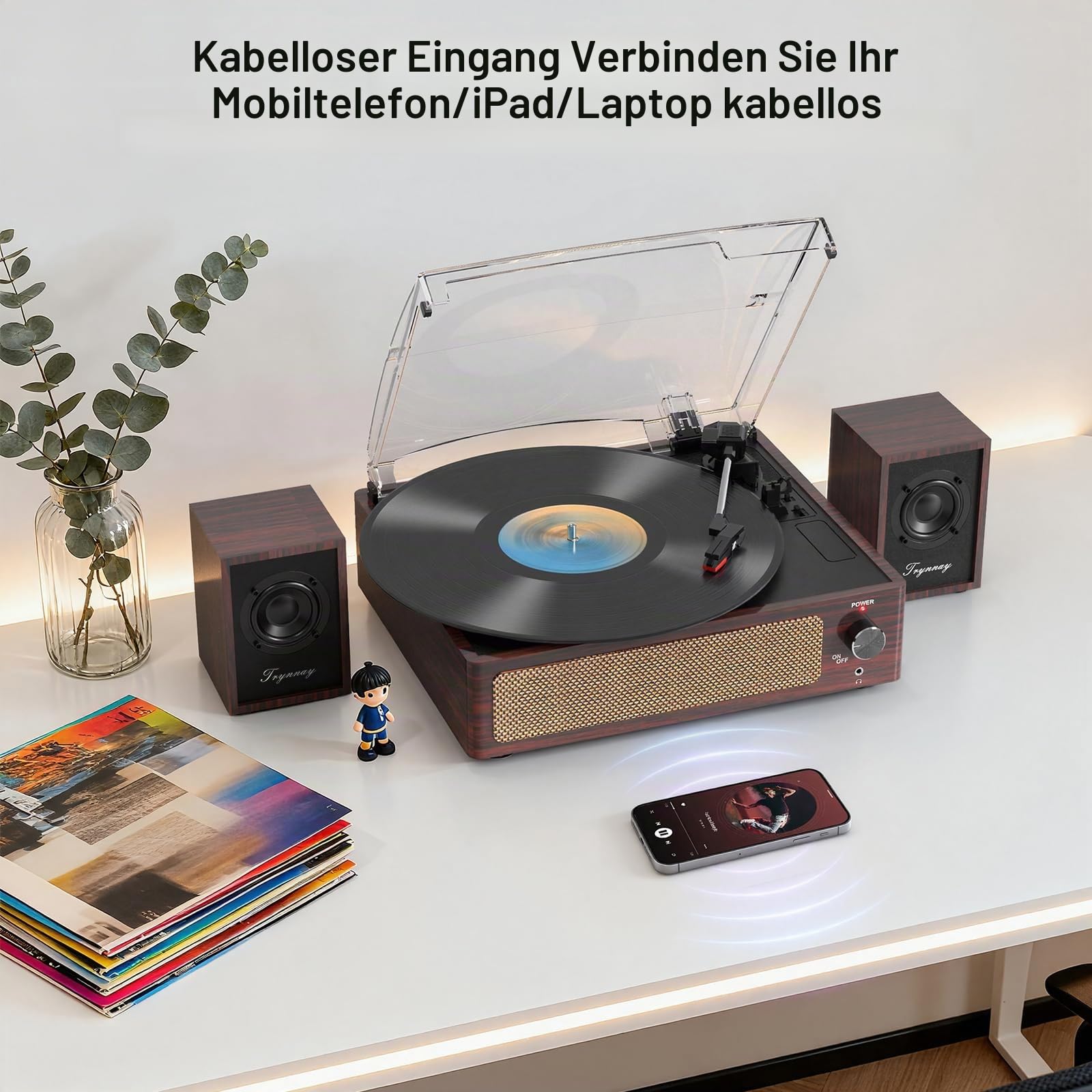 Trynnay Plattenspieler mit passiven Regallautsprechern, Bluetooth-Plattenspieler für Schallplatten, 3 Geschwindigkeiten, kabelloser AUX-Eingang, Kopfhöreranschluss und Auto-Stop-Funktion, dunkelrotes