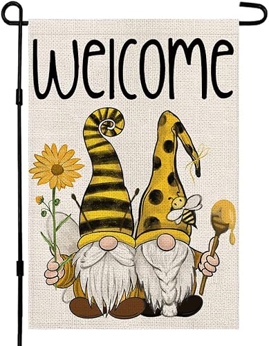 Miniatura 1 de Gnomos de verano - Bandera de jardín de bienvenida con girasol abeja miel patio 12 x 18 pulgadas pequeña decoración exterior de doble cara