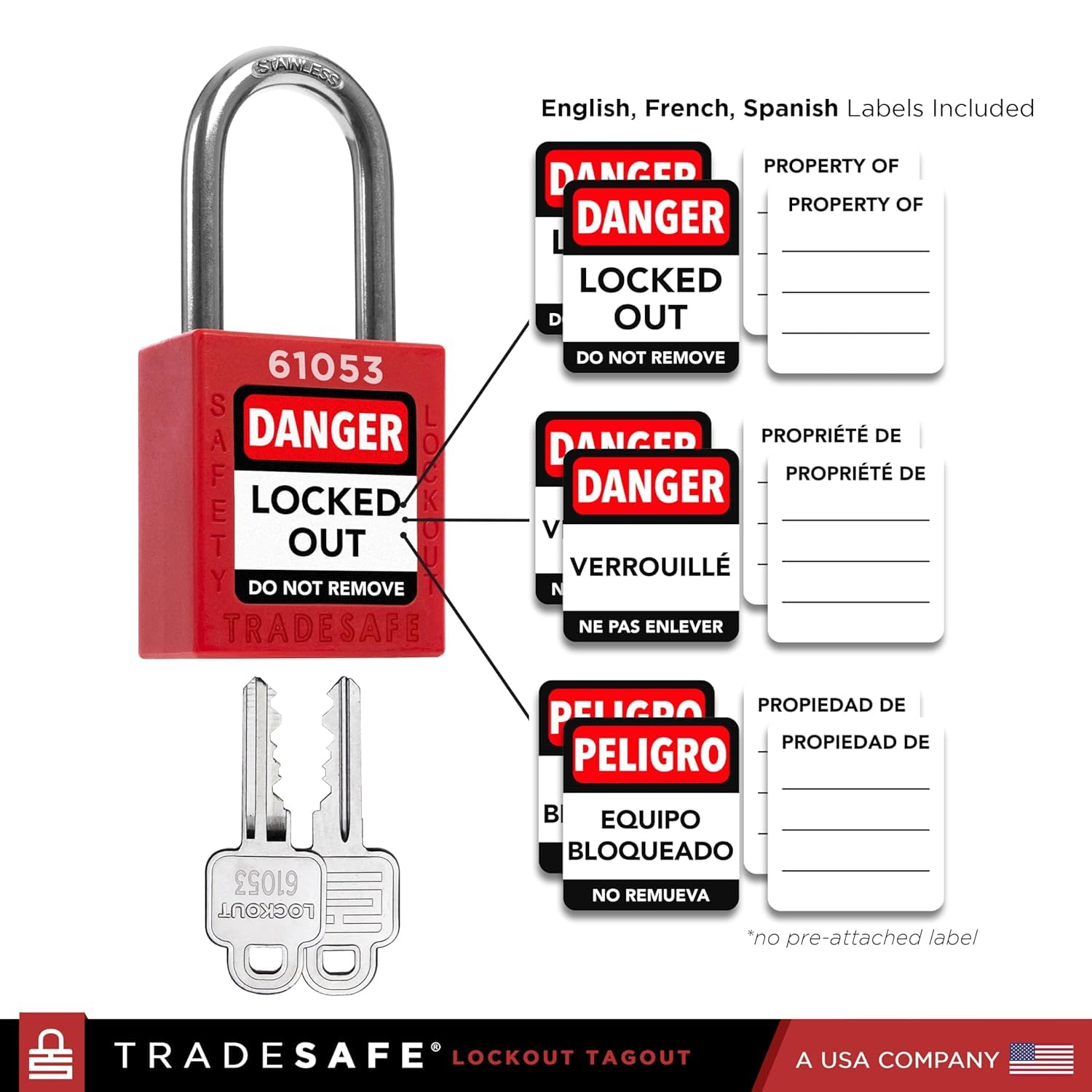 TRADESAFE Kit di blocco elettrico – fermagli, morsetti e interruttori multipolari universali, etichette Loto, blocco spina, set di serrature Loto (2 chiavi per lucchetto) per serrature elettriche