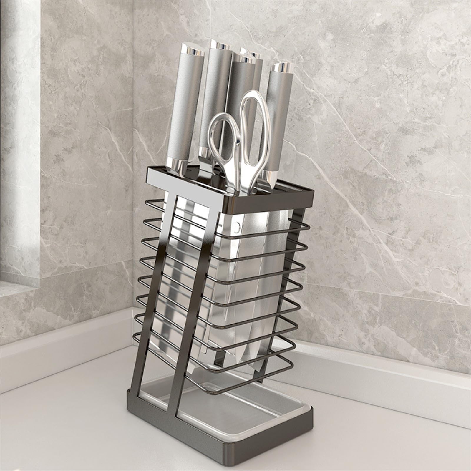 Soporte Cuchillos Cocina sin Cuchillos Portacuchillos De Acero Inoxidable Con Múltiples Ranuras Y Bandeja Drenaje Extraíble Knife Block