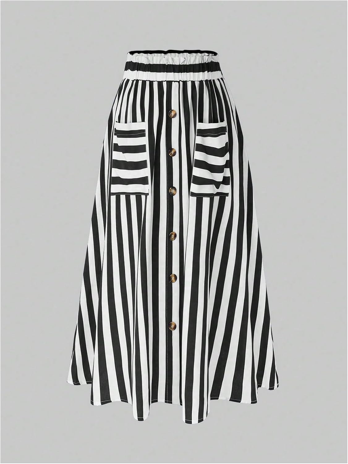 WDIRARA Women's Plus Size Striped High Waist Button Decor Flare A Line Maxi Skirt with Pockets