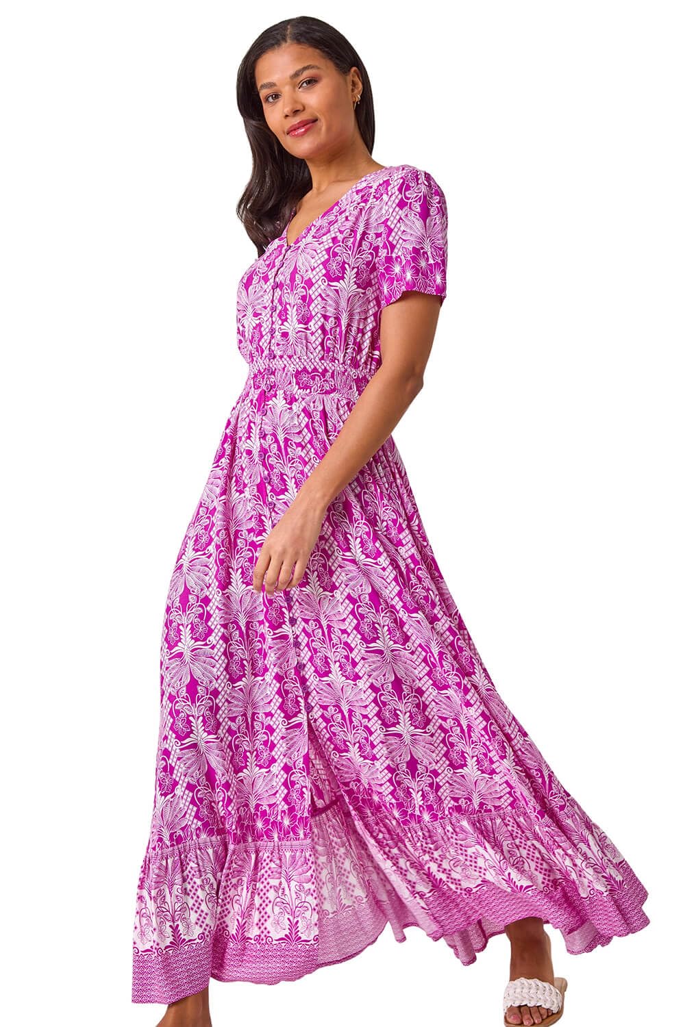 Roman Originals Women's Magenta Shirred Empire Waist Dress For Uk Midi Maxi Summer Spring Tiered Frill Hem Short Sleeve V Neck Button Through Boho Bohemian Holiday Cruise - Size 18