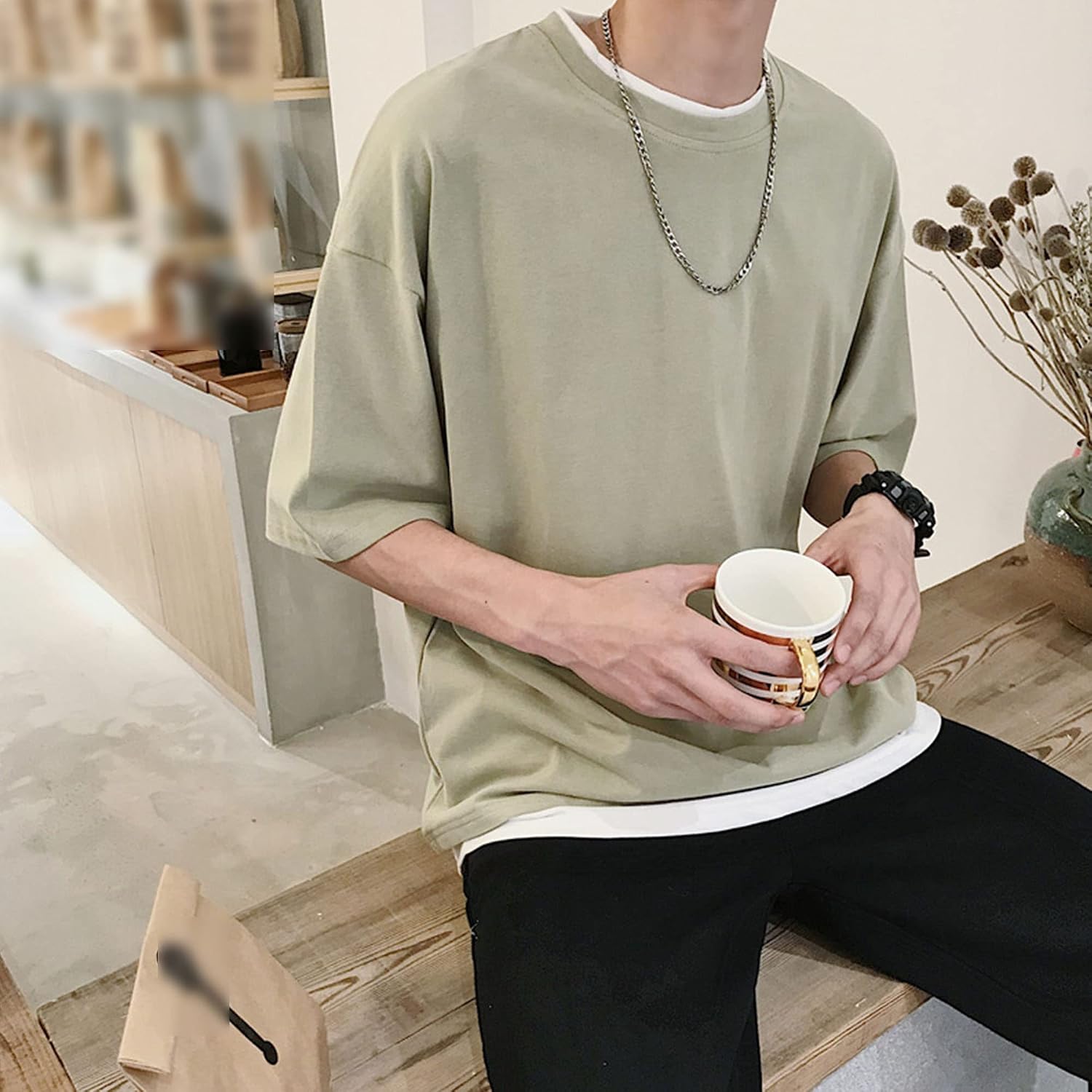 DGHM-JLMY Men's Patchwork Casual Heavyweight T-Shirt Fashion Tee Loose Solid Fake 2 Pieces Short-Sleeved T-Shirts