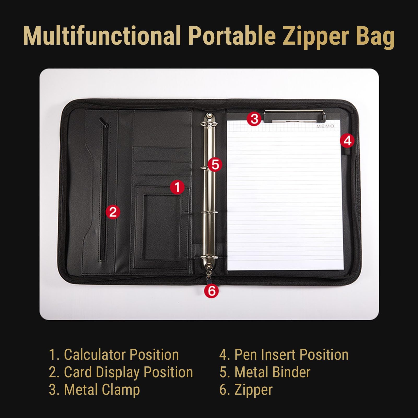 Portafoglio aziendale con cerniera, 10 buste portadocumenti trasparenti, pelle PU, taccuino da 30 fogli, calcolatrice solare a 12 cifre, cover per tablet da 10,1 pollici, nero