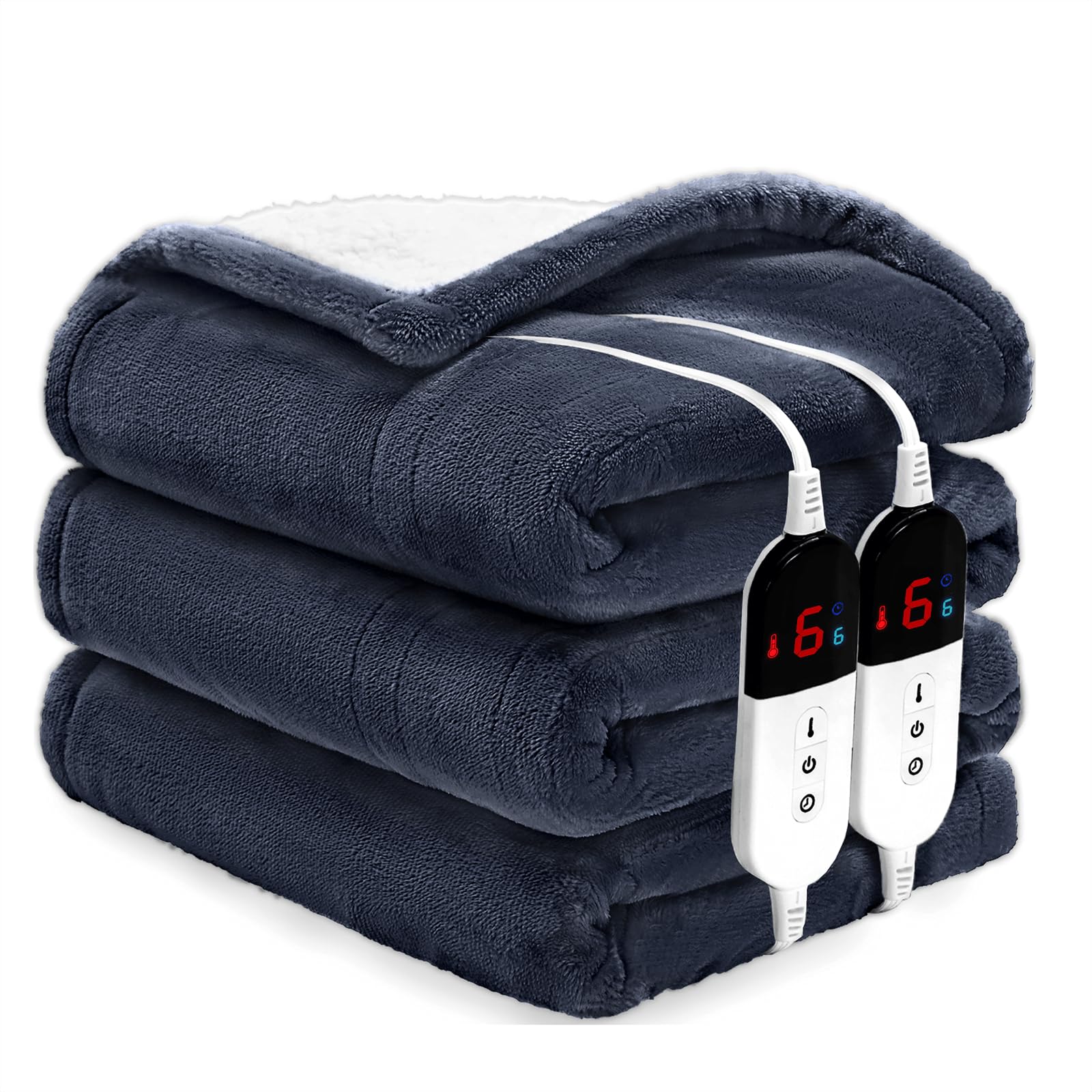 Premium Heated Blanket Queen Size 84"×90" - Super Soft Electric Blanket, 6 Heating Levels Dual Control & Fast Heating Flannel Blanket for Couch & Bed-Auto Shut-Off/Machine Washable?Navy Blue?