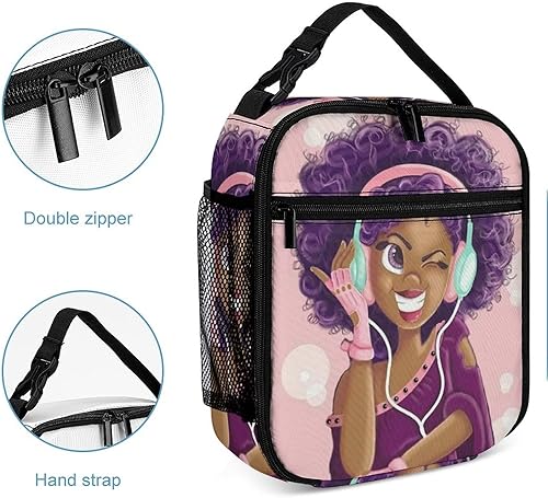 Miniatura 5 de Afroamericano, negro, con música y pelo morado, reutilizable, aislada, para mujeres, hombres, niños, lonchera portátil a prueba de fugas con