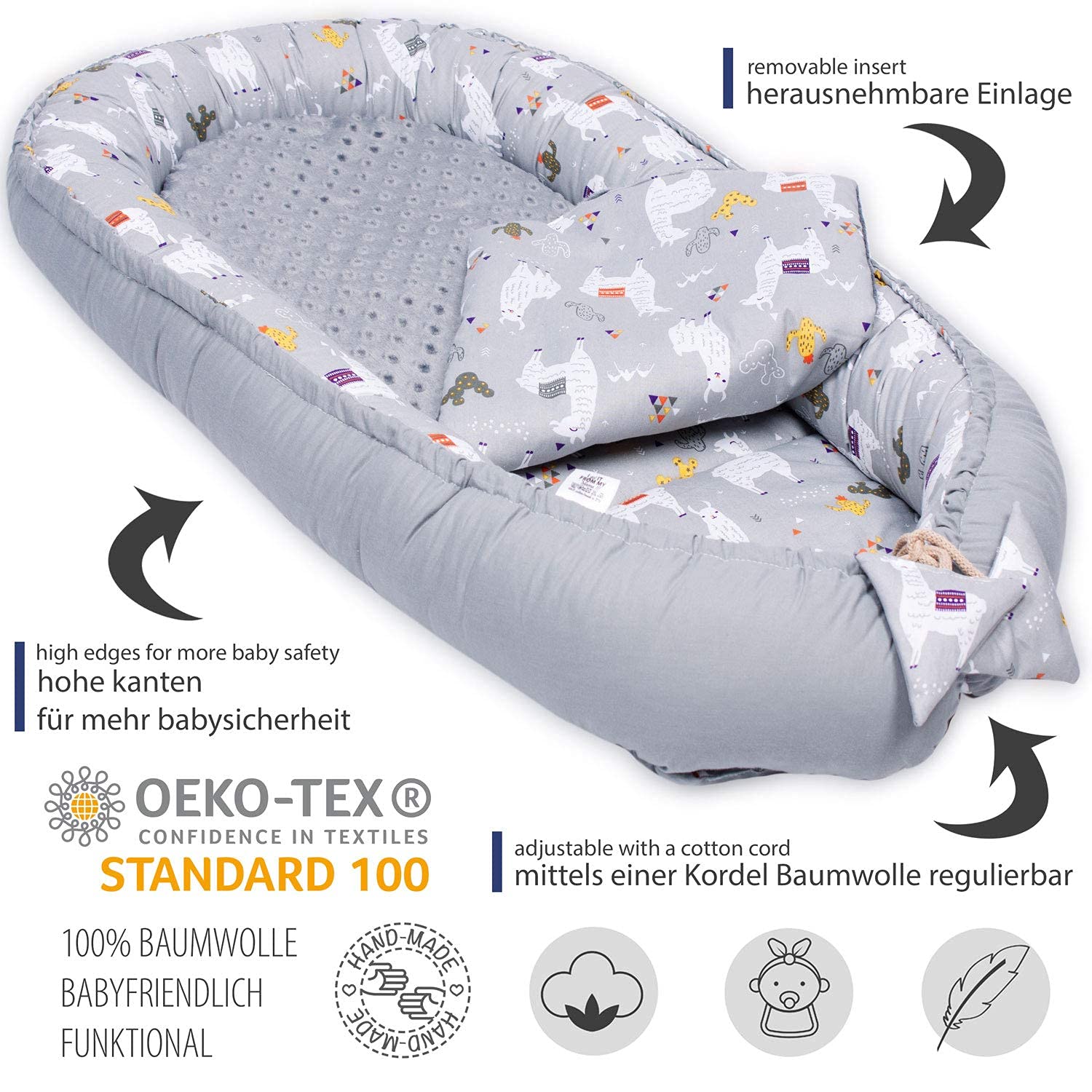 PaLulli Juego de 5 Piezas, Juego de Cuna, 90 x 50, extraíble, con Manta Agradable, Almohada, para bebés, de algodón 100% Öko Tex Gris Lama in my Room (Lama In My Room)