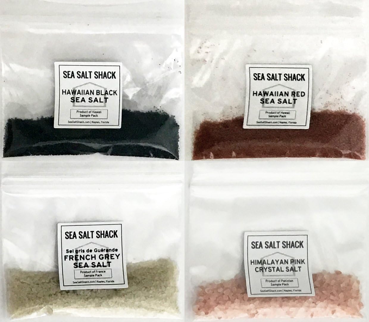 Sea Salt Shack Classic Variety Sampler | Himalayan Pink Crystal Salt, French Grey Sea Salt, Red Alaea Hawaiian Sea Salt, Black Lava Hawaiian Sea Salt (12g Each)