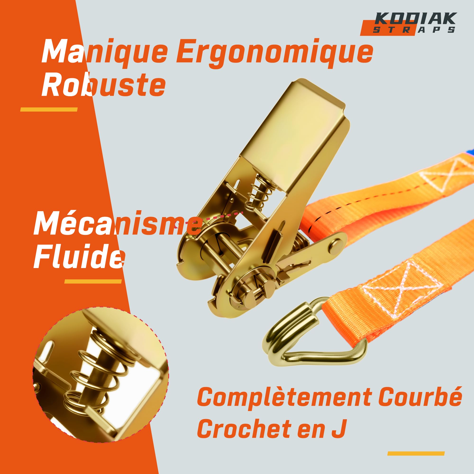 10 Lots de Sangles à Cliquet 4m x 1000kg avec Crochets - Sangles d'Arrimage 25mm Orange pour la Sécurisation des Chargements - Certifié TÜV/GS DIN en 12195-2 - KODIAK STRAPS