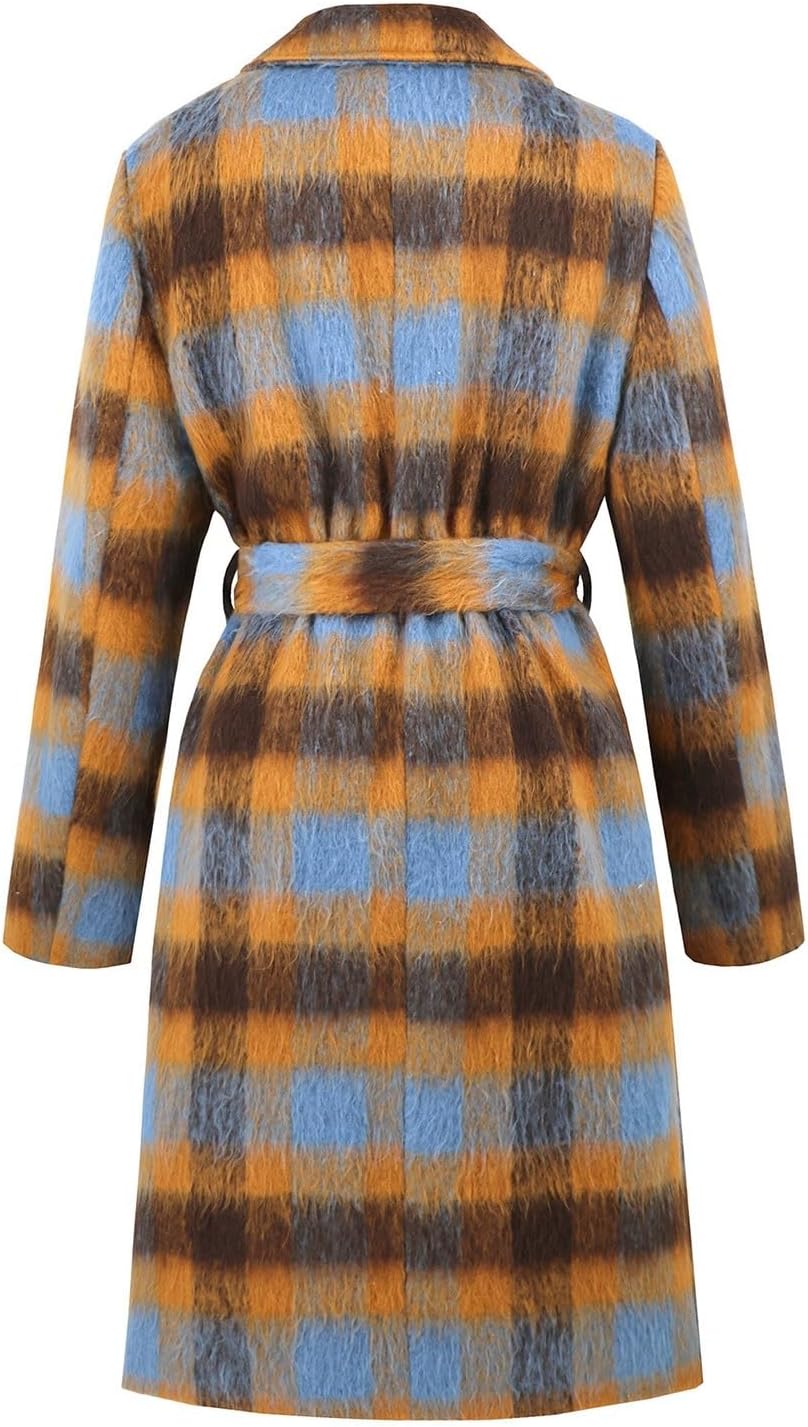 Women's Winter Double Breasted Wool Coat Long Sleeve Notch Lapel Long Plaid Print Warm Trench Peacoat Long Jacket