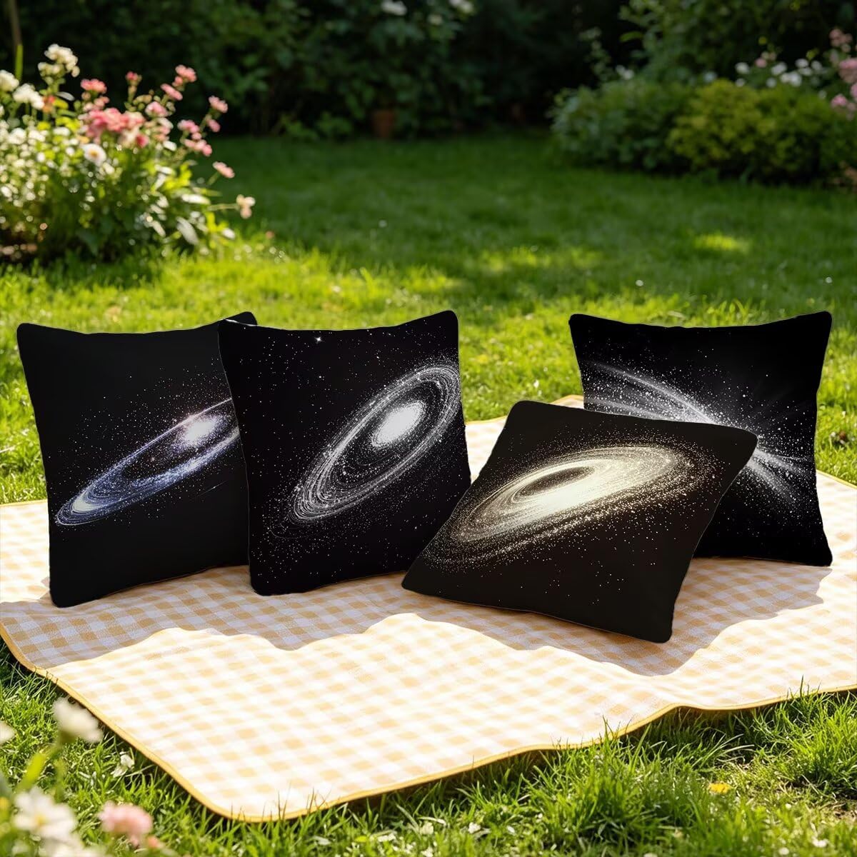 Federe Cuscino Divano 60x60, Nero Cuscini per Divano da Esterno Set da 4, Lino Copricuscini Divanos Impermeabile, Copri Cuscini Via Lattea Motivo Fronte Retro Stampato per Giardino, Sofá, Balcón, S-53