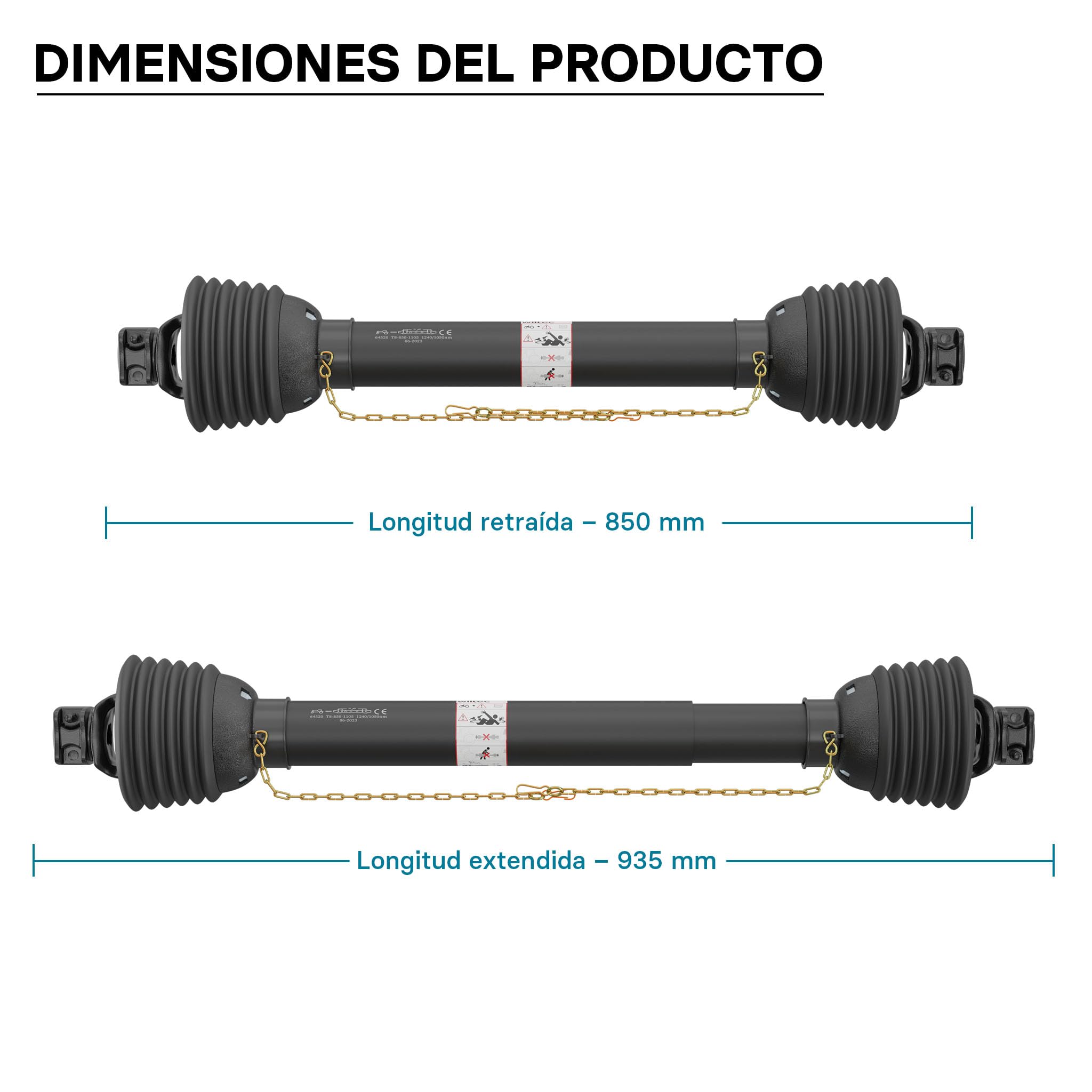WilTec Toma de Fuerza T8 Eje transmisión cardán 850-935mm 1240Nm 540rpm PTO 110kW 2x1 3/8" 6 dientes