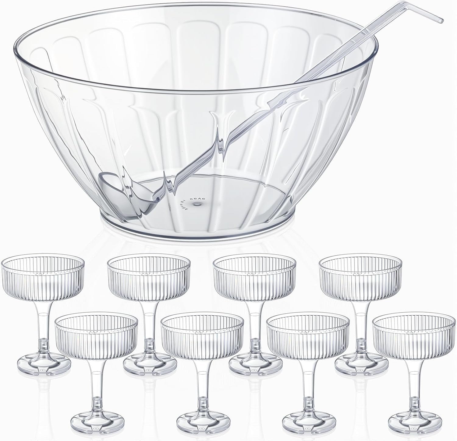 SiliFine 10 Piece Plastic Punch Bowl with Ladle and Detachable Cups Set, 12.4”w x 6”h Punch Bowls for Wedding, Birthday, Holidays, Parties, Reusable Clear Party Bowl Set for Drinks, Salads, Snacks