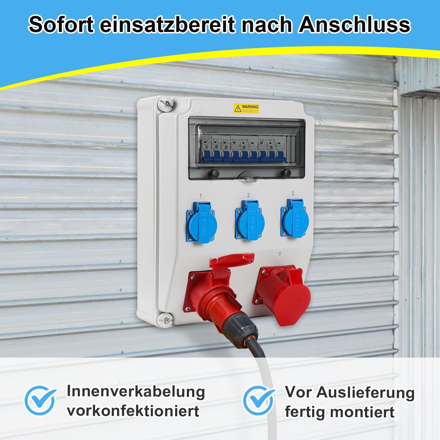 Rozdzielacz prądu budowlanego, 1 x CEE 32 A 400 V + 1 x CEE 16 A 400 V + 3 x 230 V Schuko, 5-biegunowy rozdzielacz ścienny z przełącznikami LS, rozdzielacz prądu IP44 z klapkami zabezpieczającymi