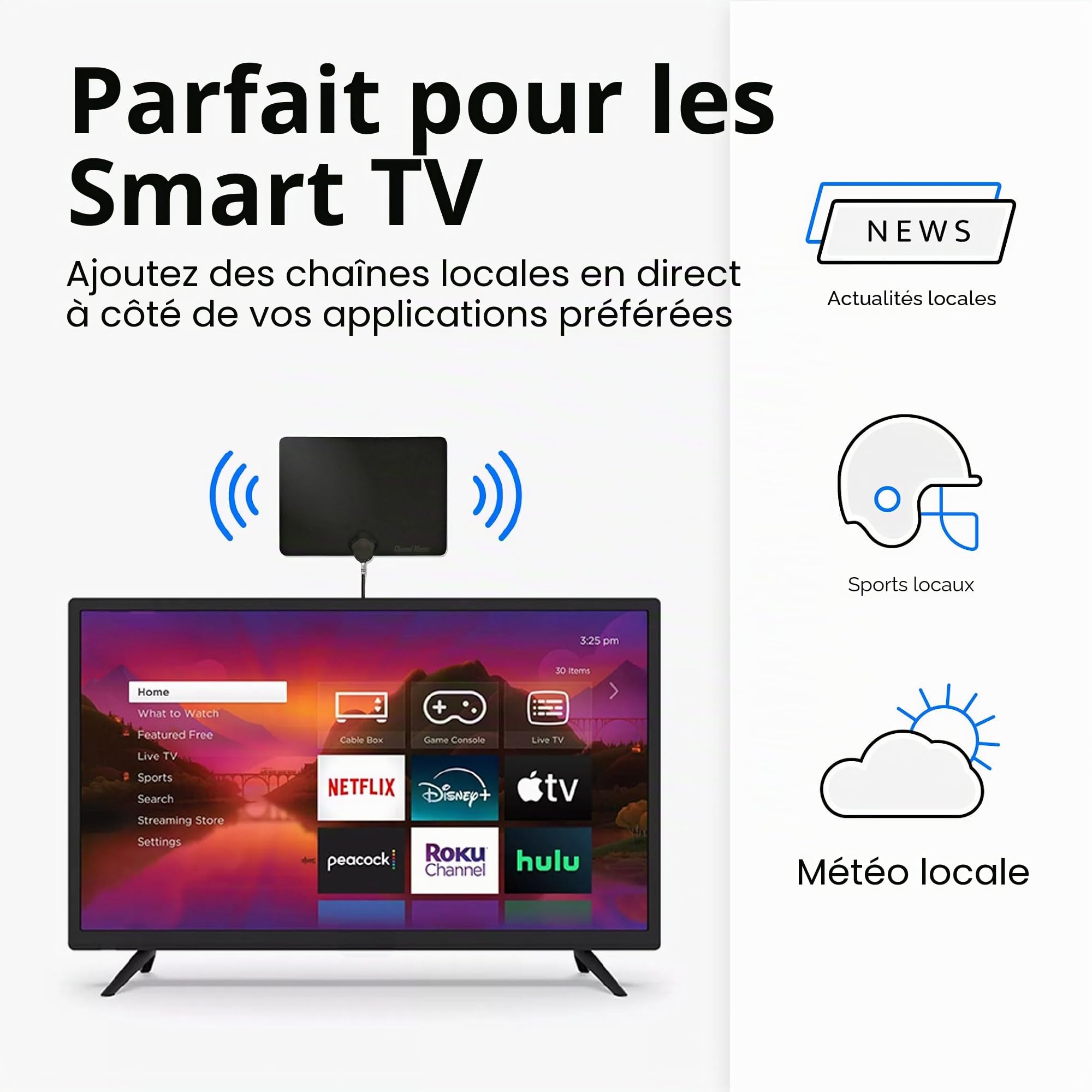 Channel Master FLATenna : antenne HDTV numérique intérieure, câble coaxial de 3,7 m, portée et fiabilité de réception supérieures, compatible avec téléviseurs intelligents 4K, diffusion OTA et NextGen