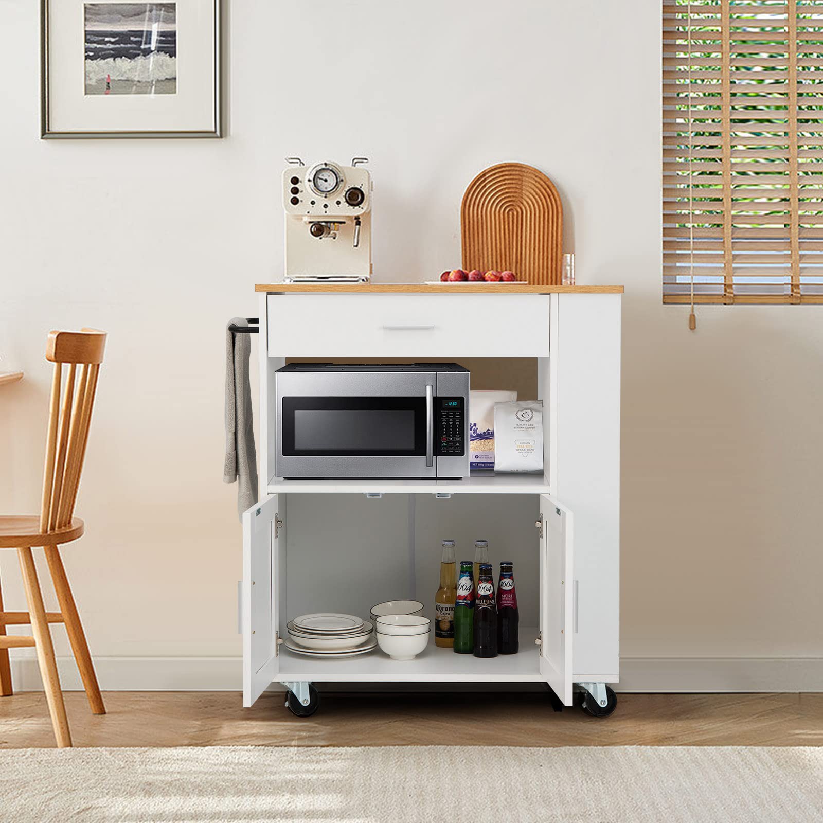 GYMAX Carrello per Cucina, Isola da Servizio con Cassetto, Portaspezie, Portavivande, Ruote con Freni, per Albergo, Ristorante, Hotel, Bar, 82 x 46 x 92 cm (Bianco)