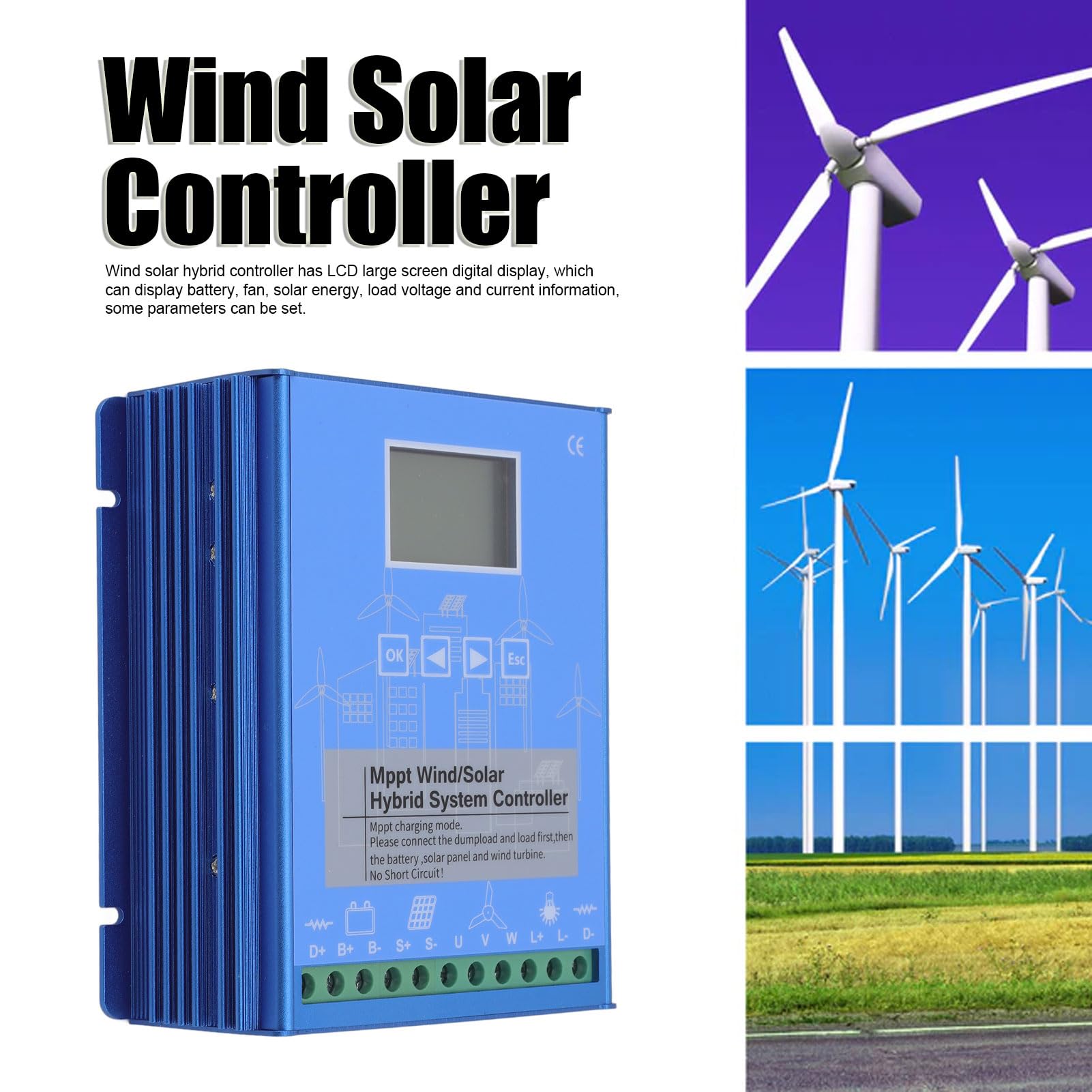 Controlador híbrido solar de viento de 12 V y 24 V, pantalla LCD, MPPT, carga de impulso, multifuncional, controlador solar de viento (GPI-6060)
