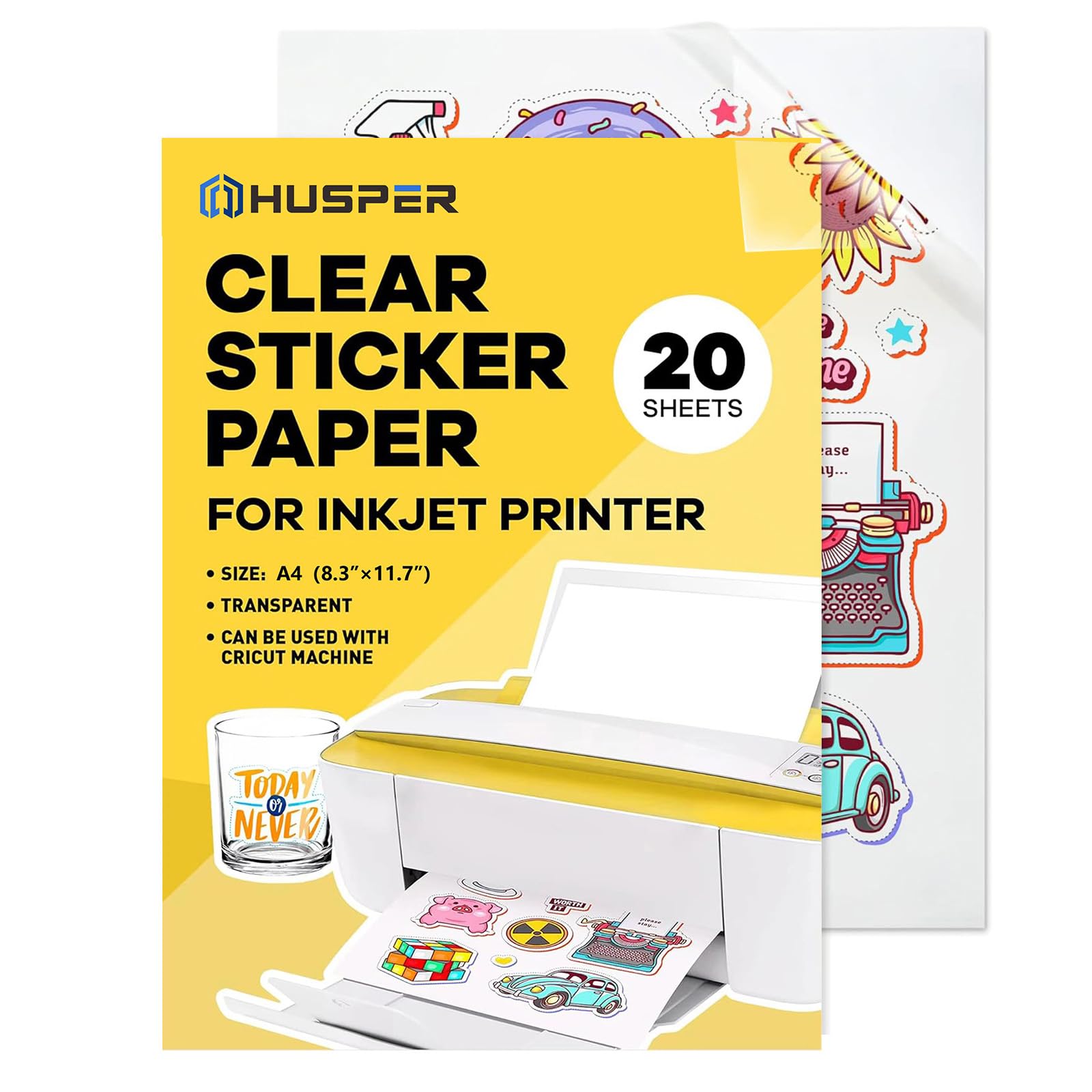 HUSPER A4 Printable Clear Vinyl Sticker Paper for Inkjet Printer, 20 Sheets Transparent Sticker Paper โ image 1