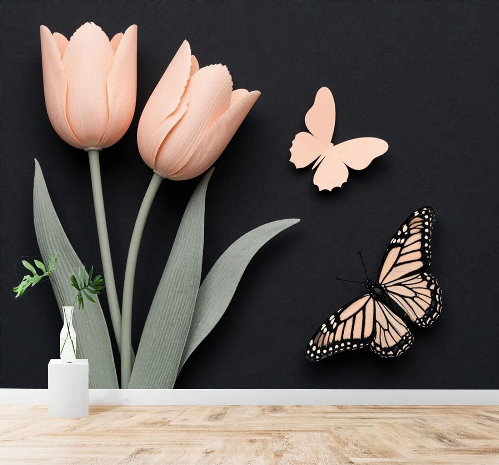 3D Papel Pintado Tricularia Tulipanes Rosas Mariposas Flores Elegantes Arte