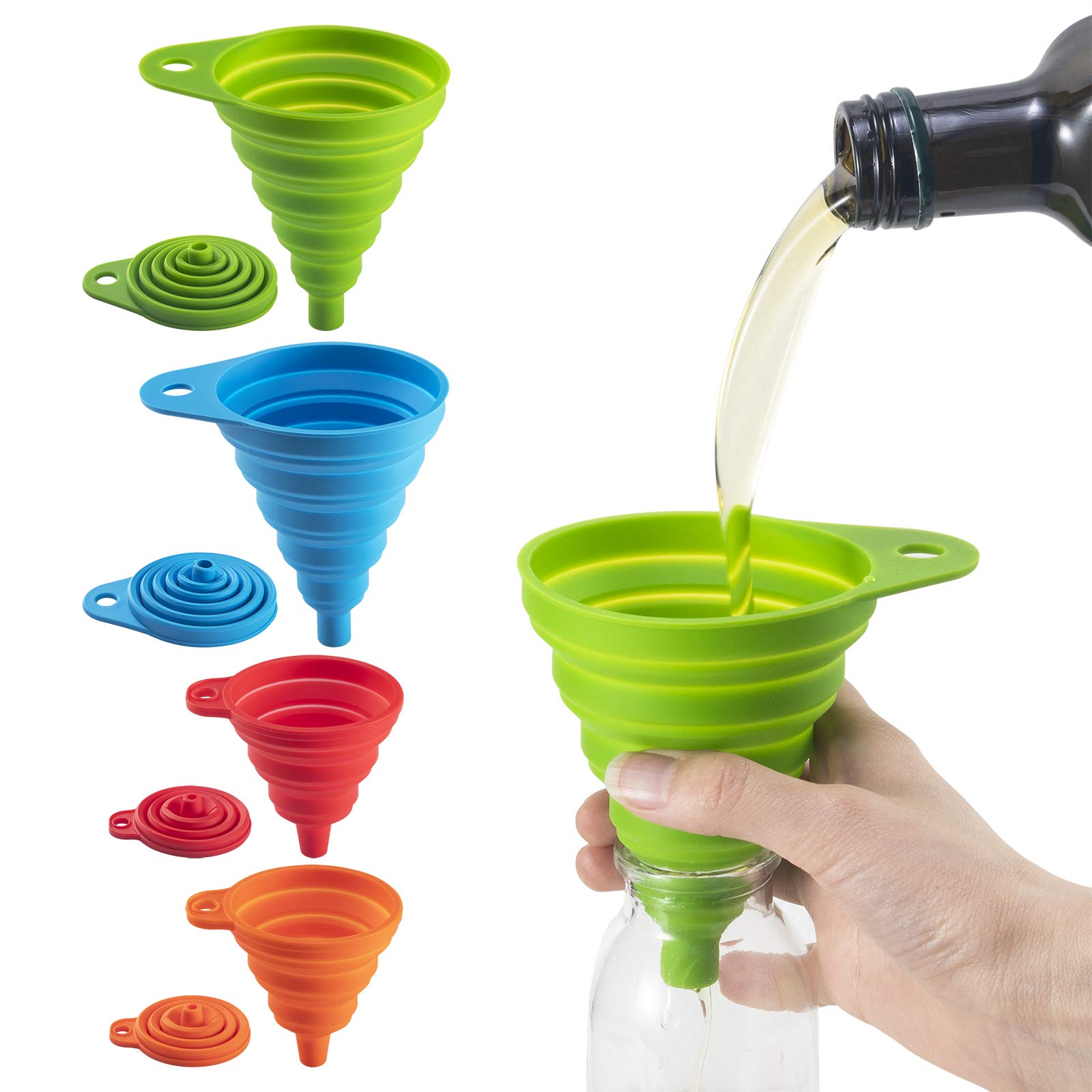4-Pcs-Funnel-Collapsible-Set-Silicone-Filling-Small-Bottles, Hasgard Upgraded Foldable Funnels, Fold Almost Flat for Space Saving