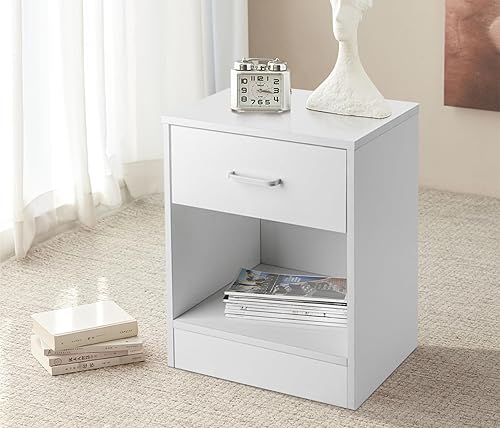 Miniatura 4 de TRIPLE TREE Juego de 2 mesitas de noche blancas, mesa auxiliar con cajón y estante abierto, mesita de noche pequeña para sala de estar y dormitorio