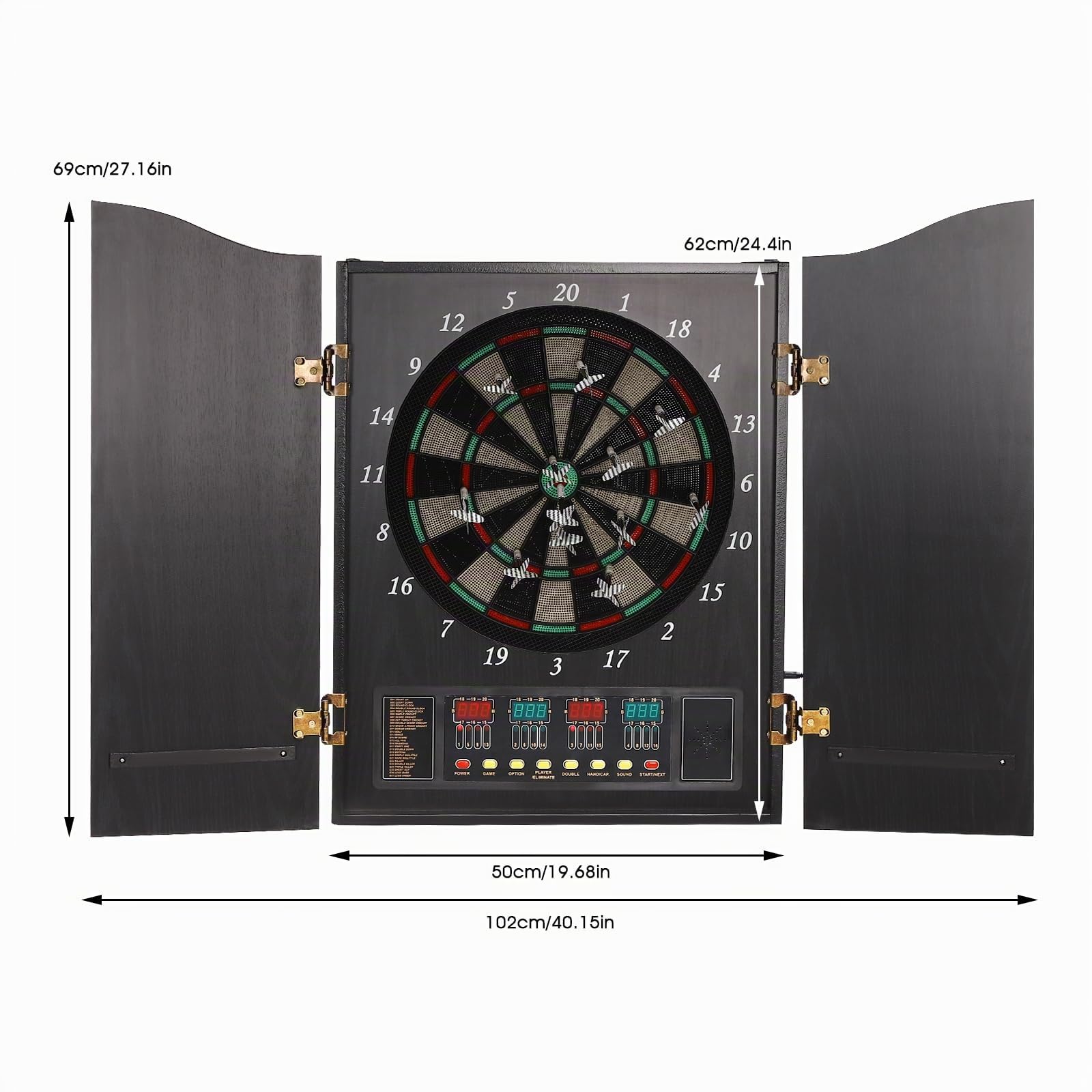 Cible de fléchettes électronique avec armoire, écran LED, 27 jeux, montage mural, 16 joueurs, 12 fléchettes