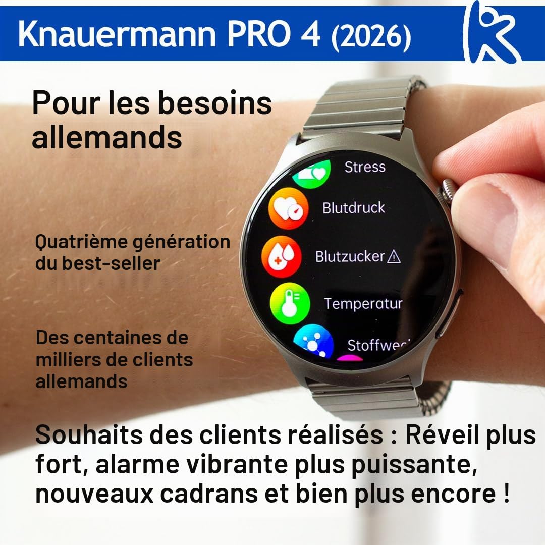 Knauermann Pro 4 - Montre de santé ECG avec Fonction téléphone - Montre Intelligente en Argent - Fréquence artérielle, Pression artérielle, oxygène sanguin, HRV, Analyse du Sommeil - pour Homme et