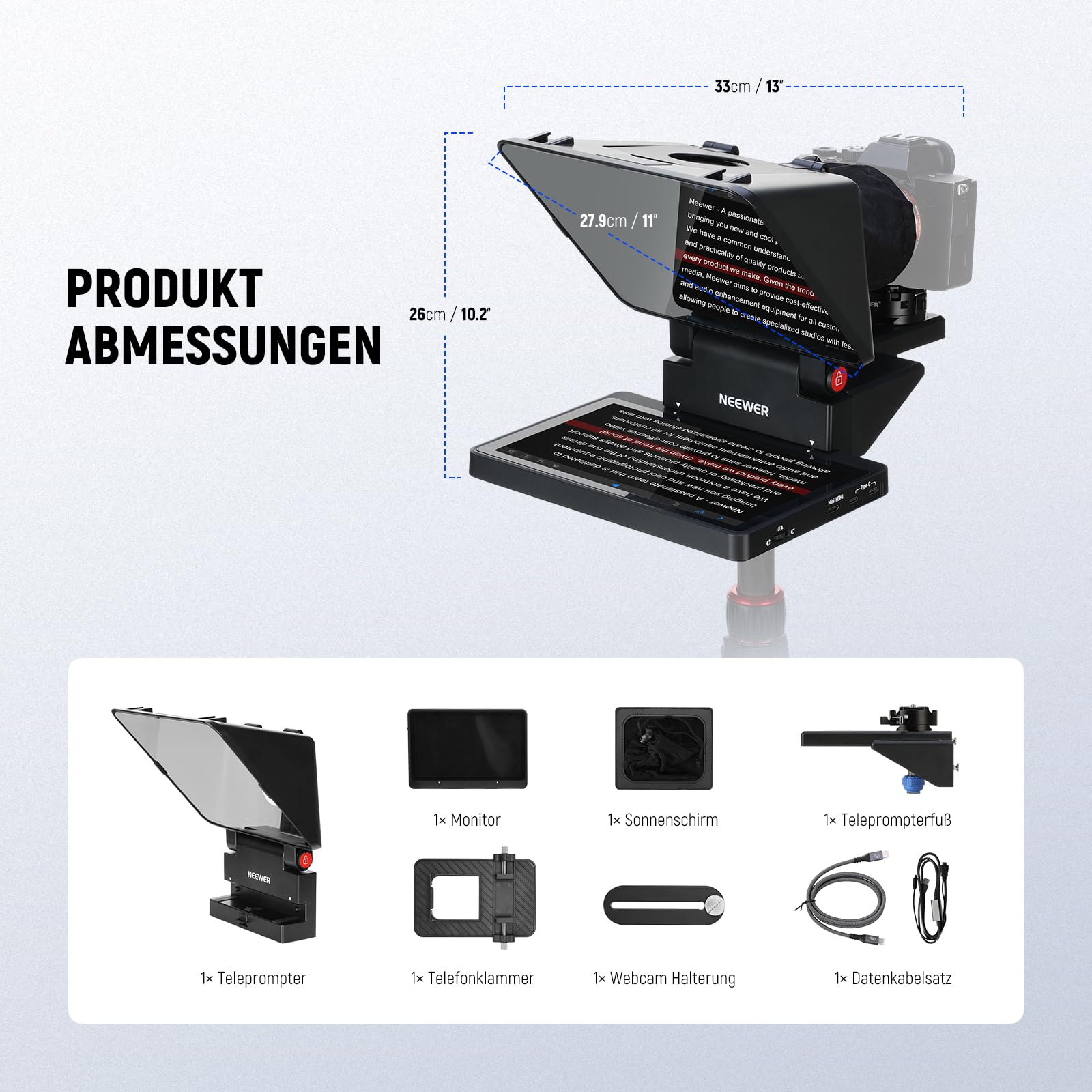 NEEWER 2 in 1 Teleprompter 11 Zoll mit Monitor, Bildschirmspiegelung, Kunststoff, tragbarer Teleprompter für Kamera Smartphone Webcam Windows macOS für YouTube Twitch Live Streaming Konferenzen, X11
