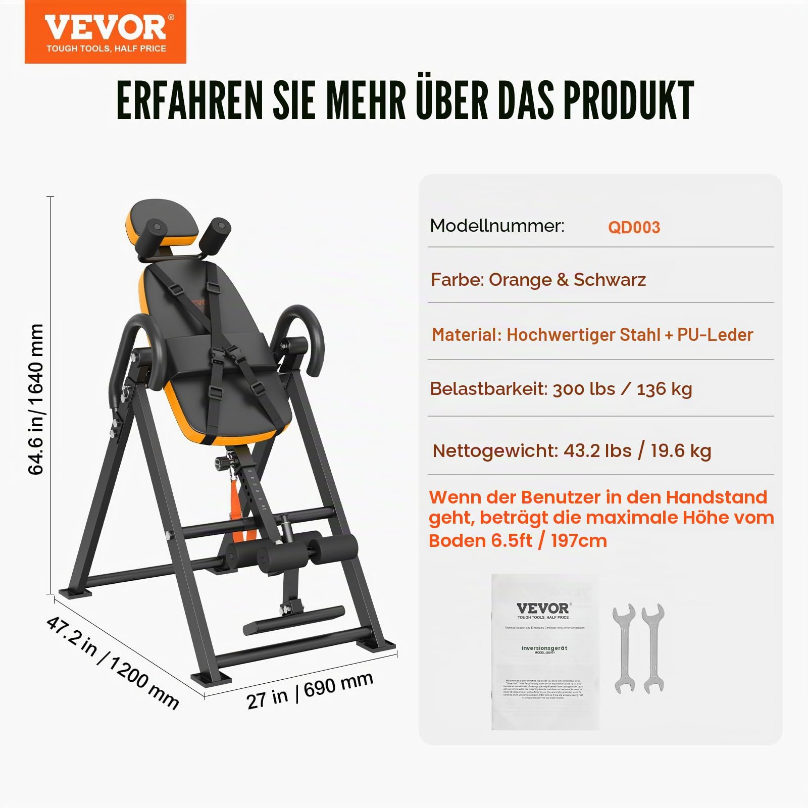 VEVOR Inversionstisch Inversionsbank, 136 kg belastbar, Multifunktionsgerät Rückentrainer, klappbares Krafttrainingsgerät mit Kopfstütze, Knöchelverriegelung, verstellbarem Schutzgurt, Orange/Schwar