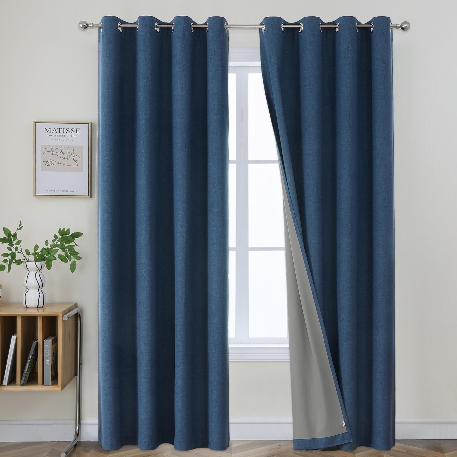 Joydeco 100% Tende Oscuranti per Interni 2 Pezzi, Lino Tende Termiche con Occhielli per Soggiorno Moderne, Cameretta Bambini, Camera da Letto Blackout Curtains(Blu Reale, 2xL140xA245)