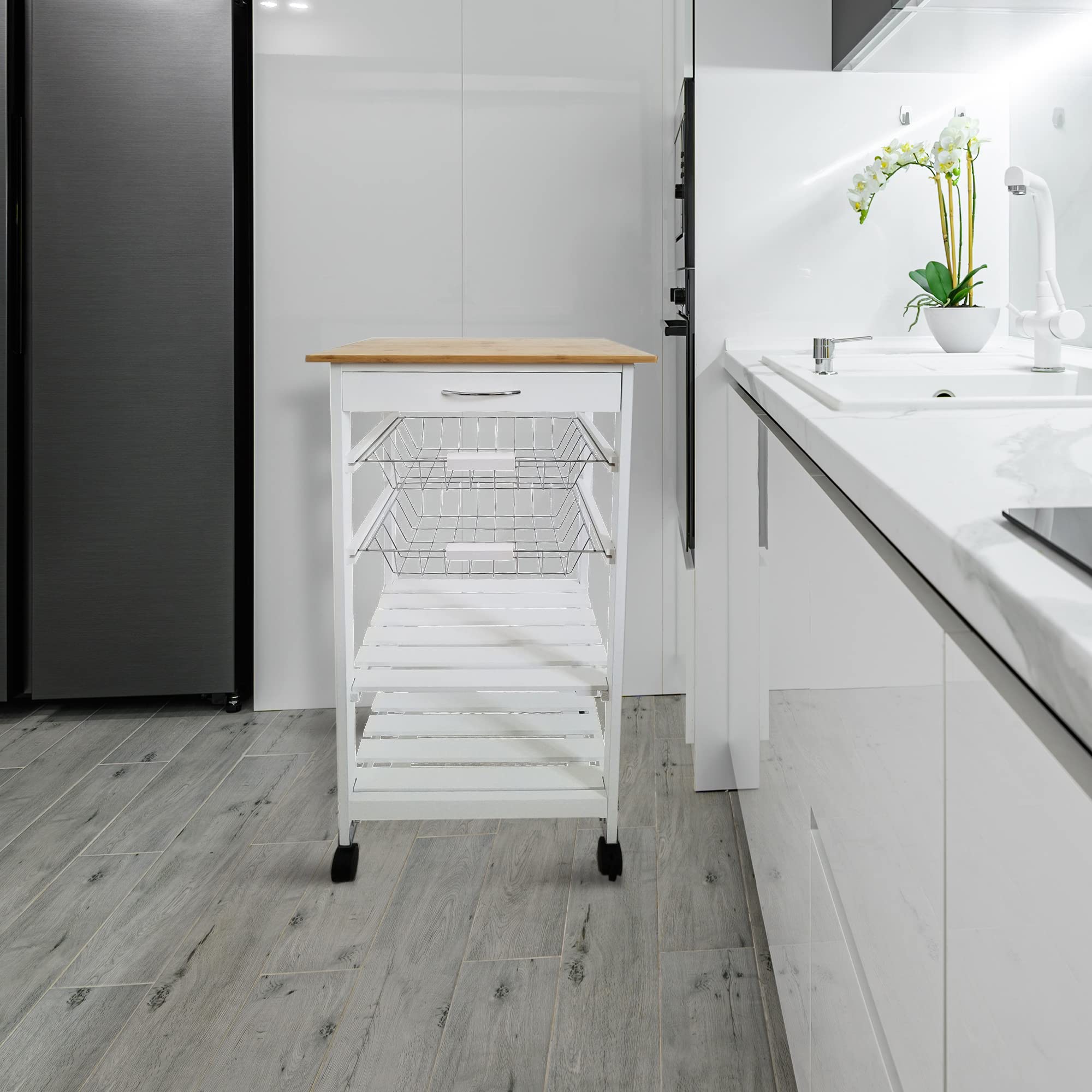 Verdulero frutero de Cocina Color Blanco-Miel, Carro de Cocina con Ruedas, 87x47x37, 2 cestas metalicas y 2 baldas