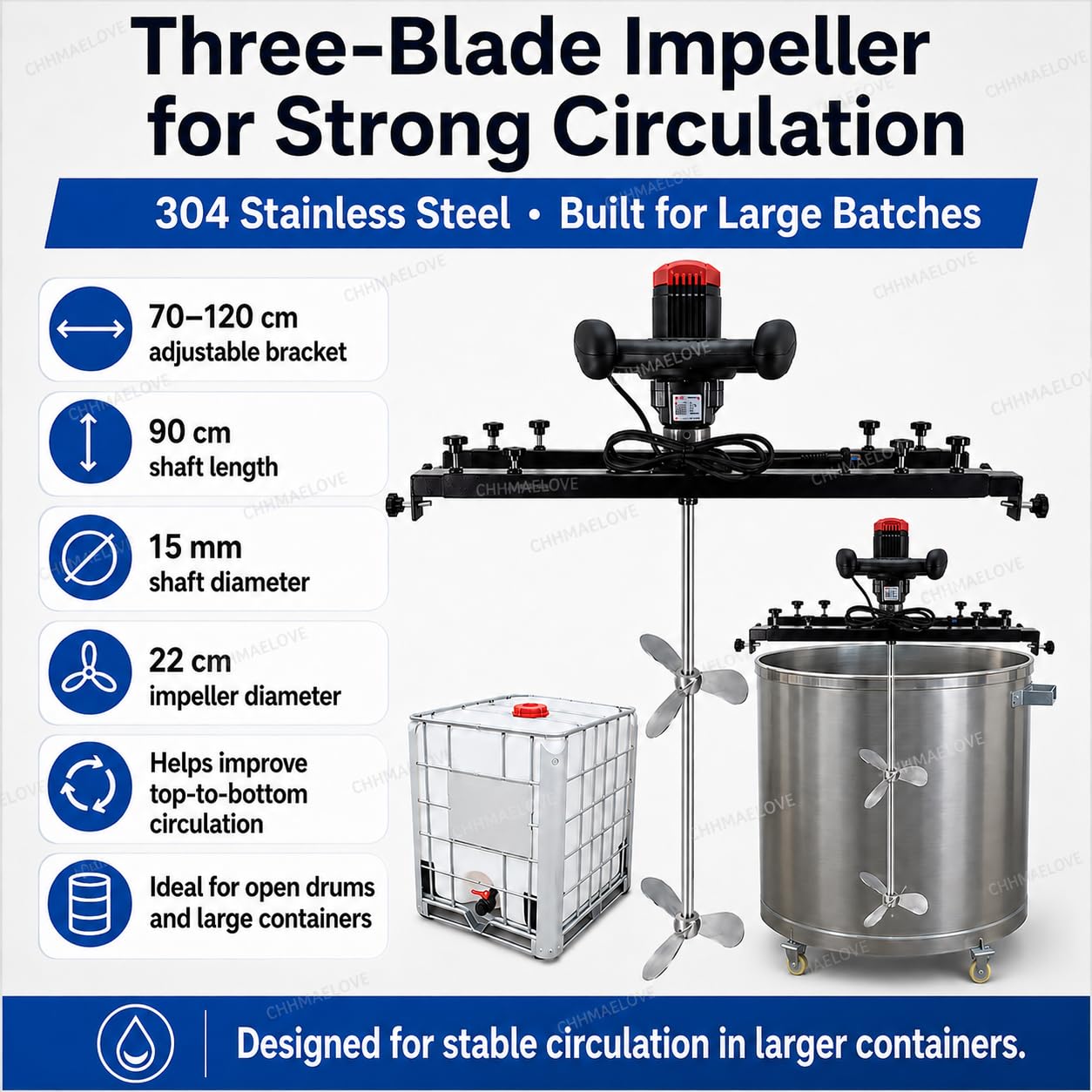 Miscelatore a Secchio Elettrico 3200W – 900mm tasta Inox, velocità Continua 0-800RPM, 4 opzioni di Pale, per liquidi Medi, Ideale per Industria Chimica e Alimentare B-Impeller