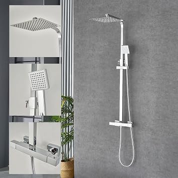 Chrome Thermostatic Shower Mixer Set Square Rainfall Shower System with Overhead & Handheld Shower Head
