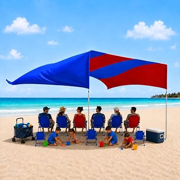 Beach Shade Sail   No Ropes, No Sandbags, Quiet in Wind, 14x14 ft Wind-Propelled  Beach Shade Canopy, UPF 50+, Grande for 10+ People