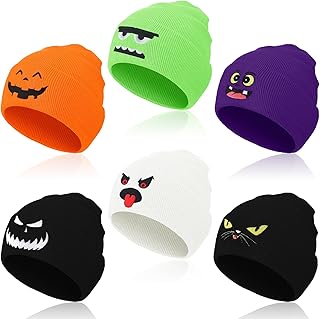 6 Pcs Halloween Beanie Cap Skull Hat Ghost Slouchy Beanie Scary Halloween Knitted Hat Cool Graphic Gothic Embroidery Knit Beanie Cap for Men Women Unisex Knit Winter Beanie Gift