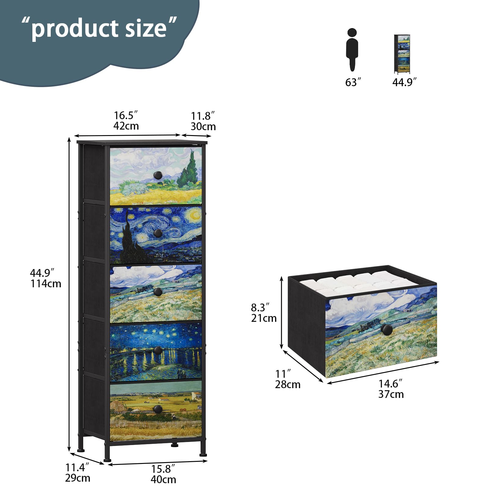 Cómoda con cajones de tela, estilo Van-Gogh, armario estrecho para tocador, armario de almacenamiento para dormitorio, armario industrial, pasillo, salón, habitación infantil (5 cajones)